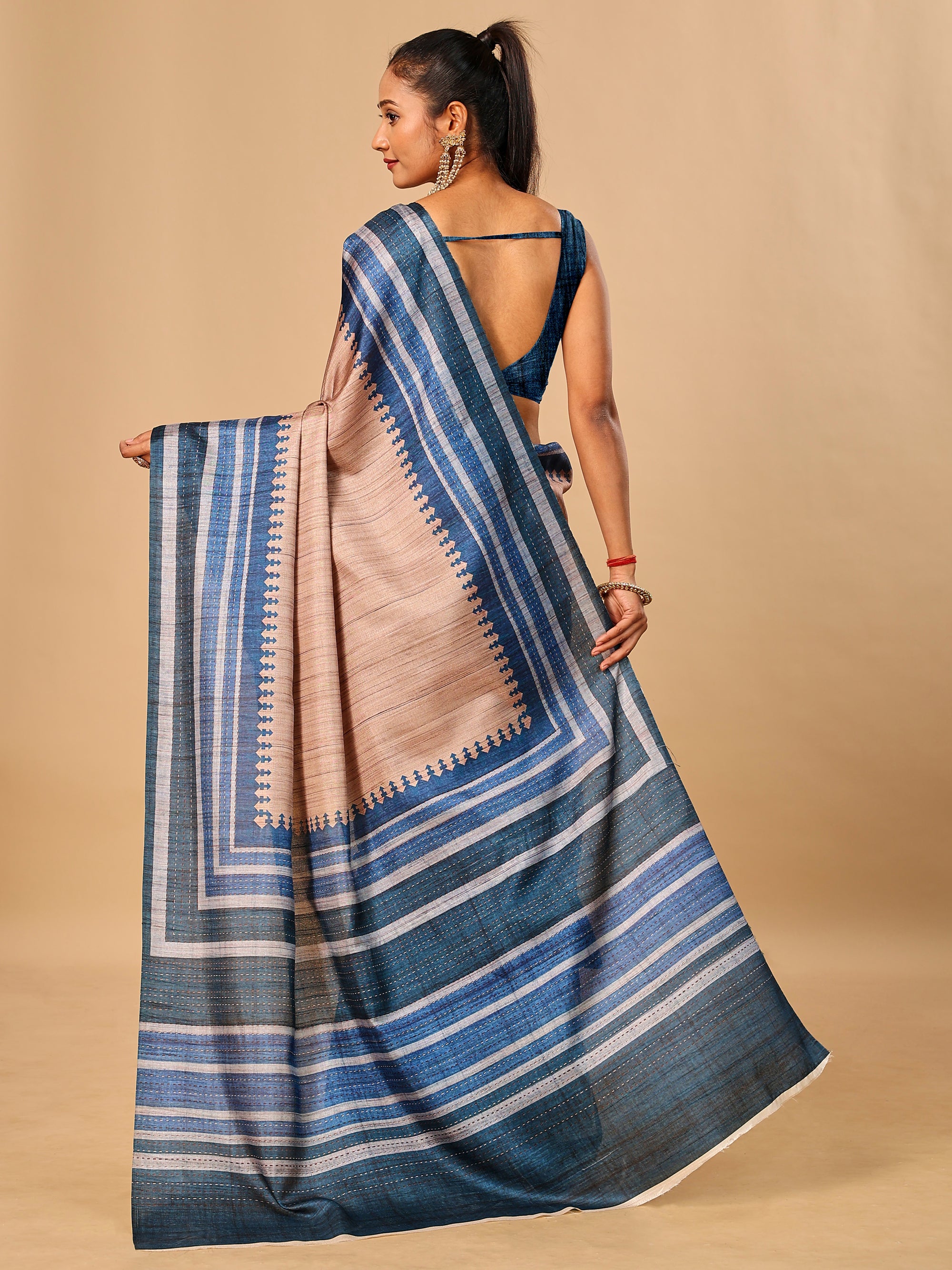 Blue Soft Tussar Silk Saree with Kantha Prints