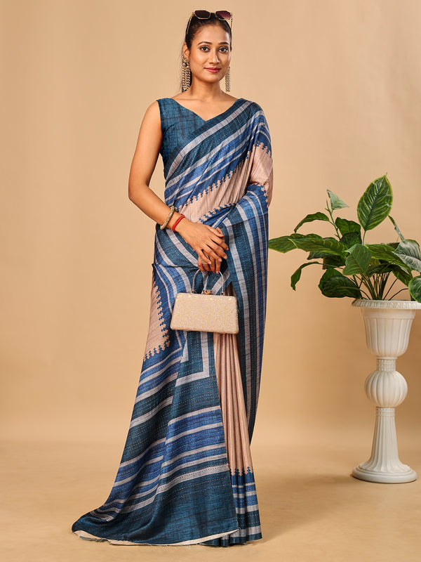 Blue Soft Tussar Silk Saree with Kantha Prints