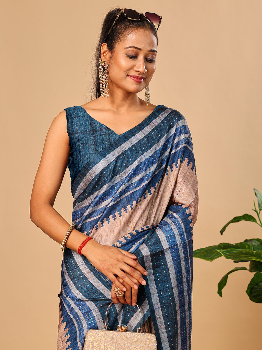 Blue Soft Tussar Silk Saree with Kantha Prints