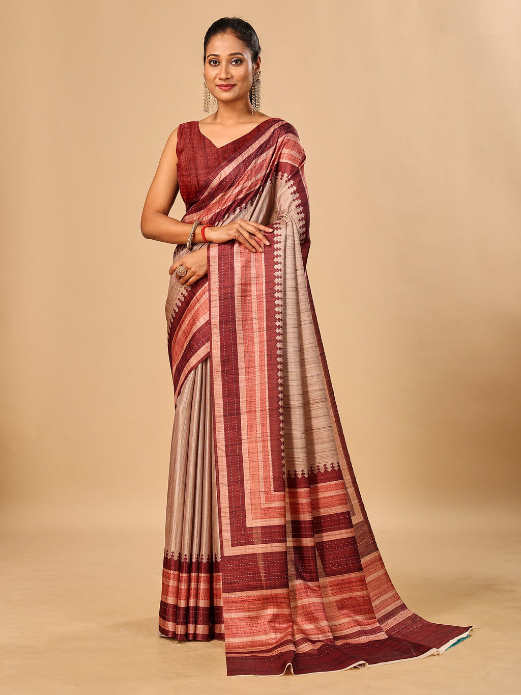 Maroon Soft Tussar Silk Saree with Kantha Prints