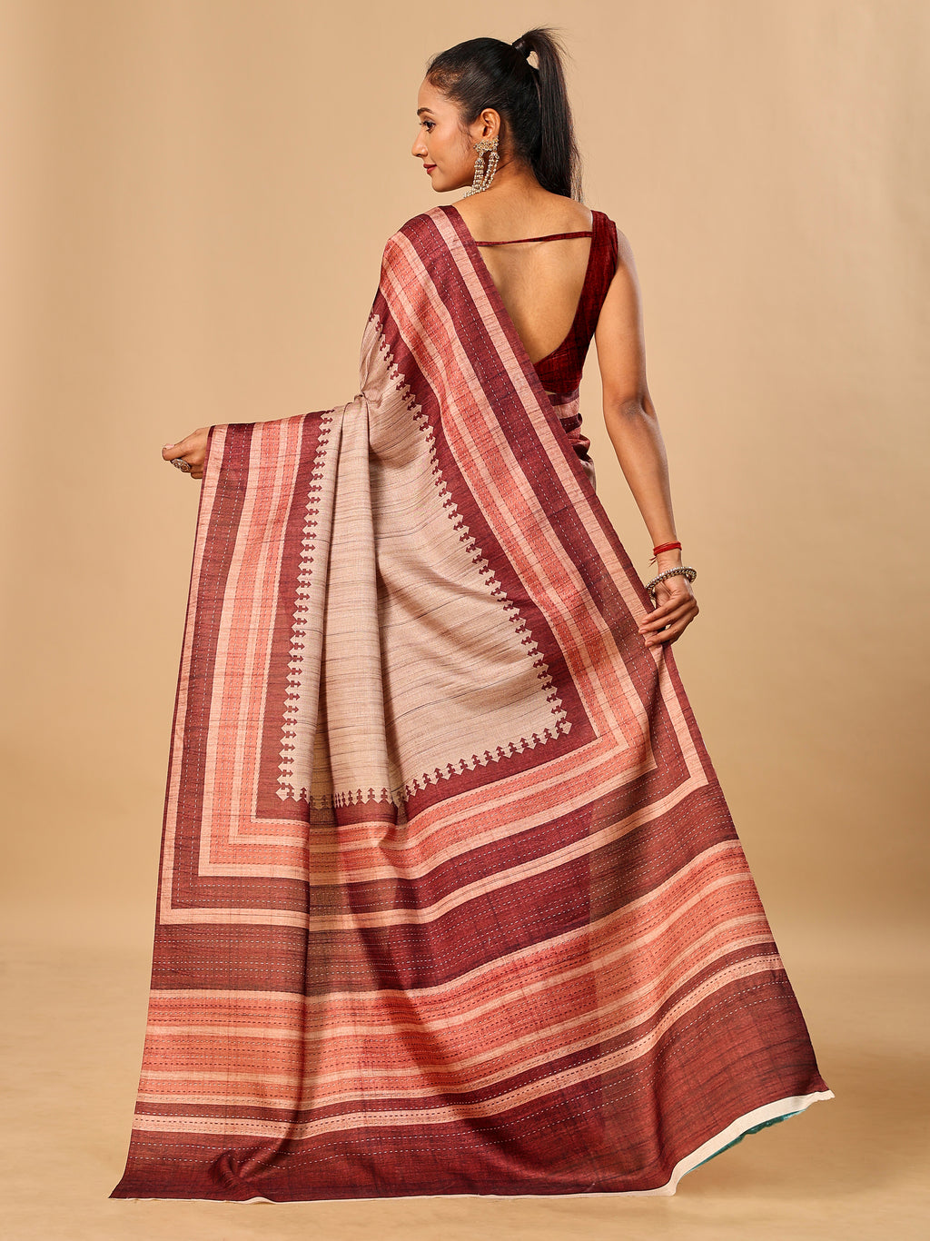 Maroon Soft Tussar Silk Saree with Kantha Prints