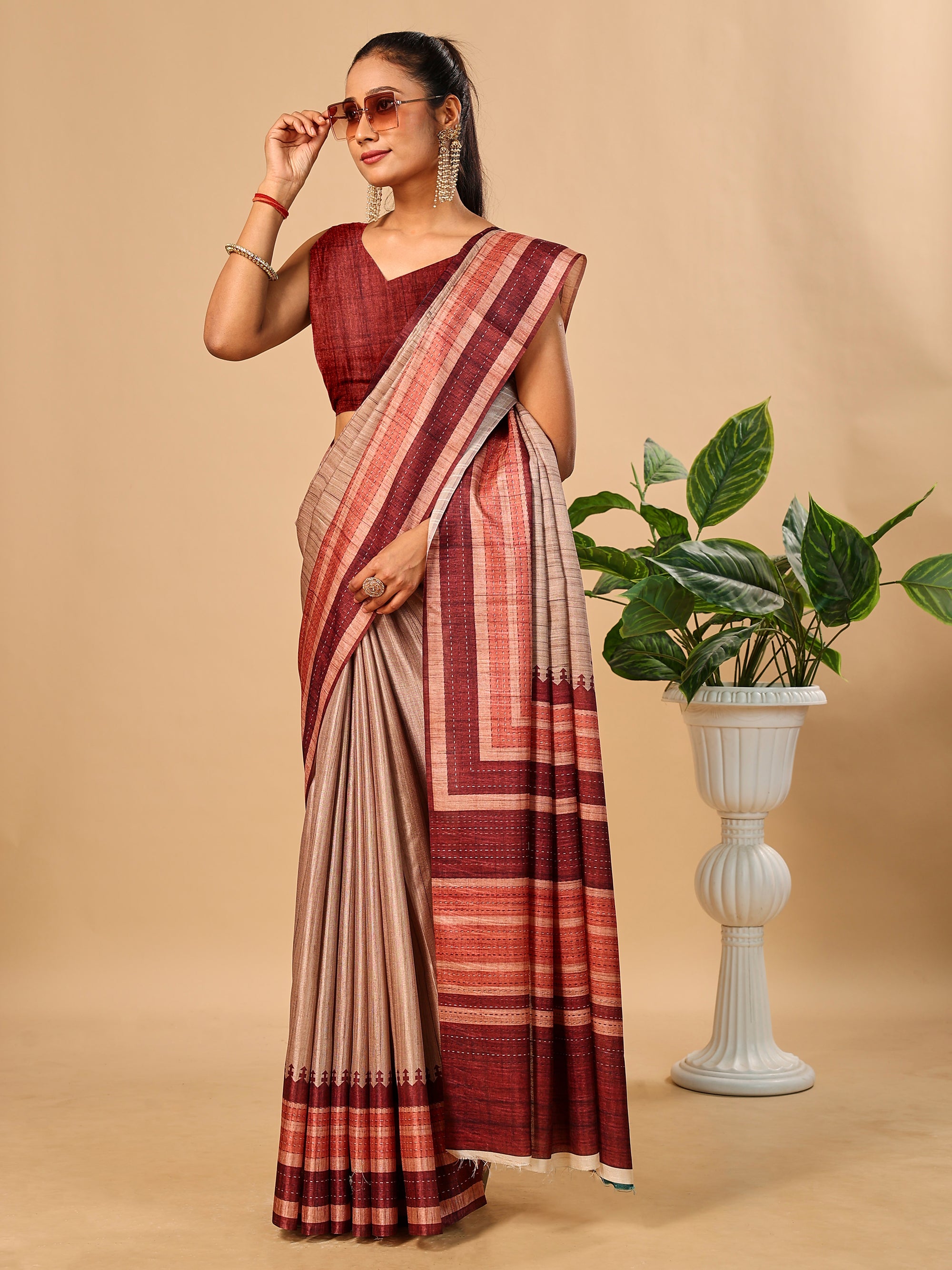 Maroon Soft Tussar Silk Saree with Kantha Prints