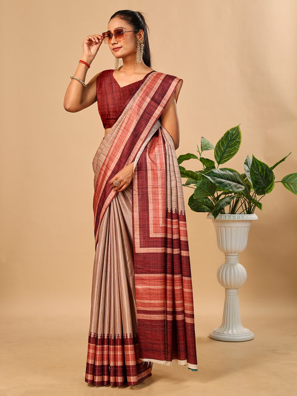 Maroon Soft Tussar Silk Saree with Kantha Prints