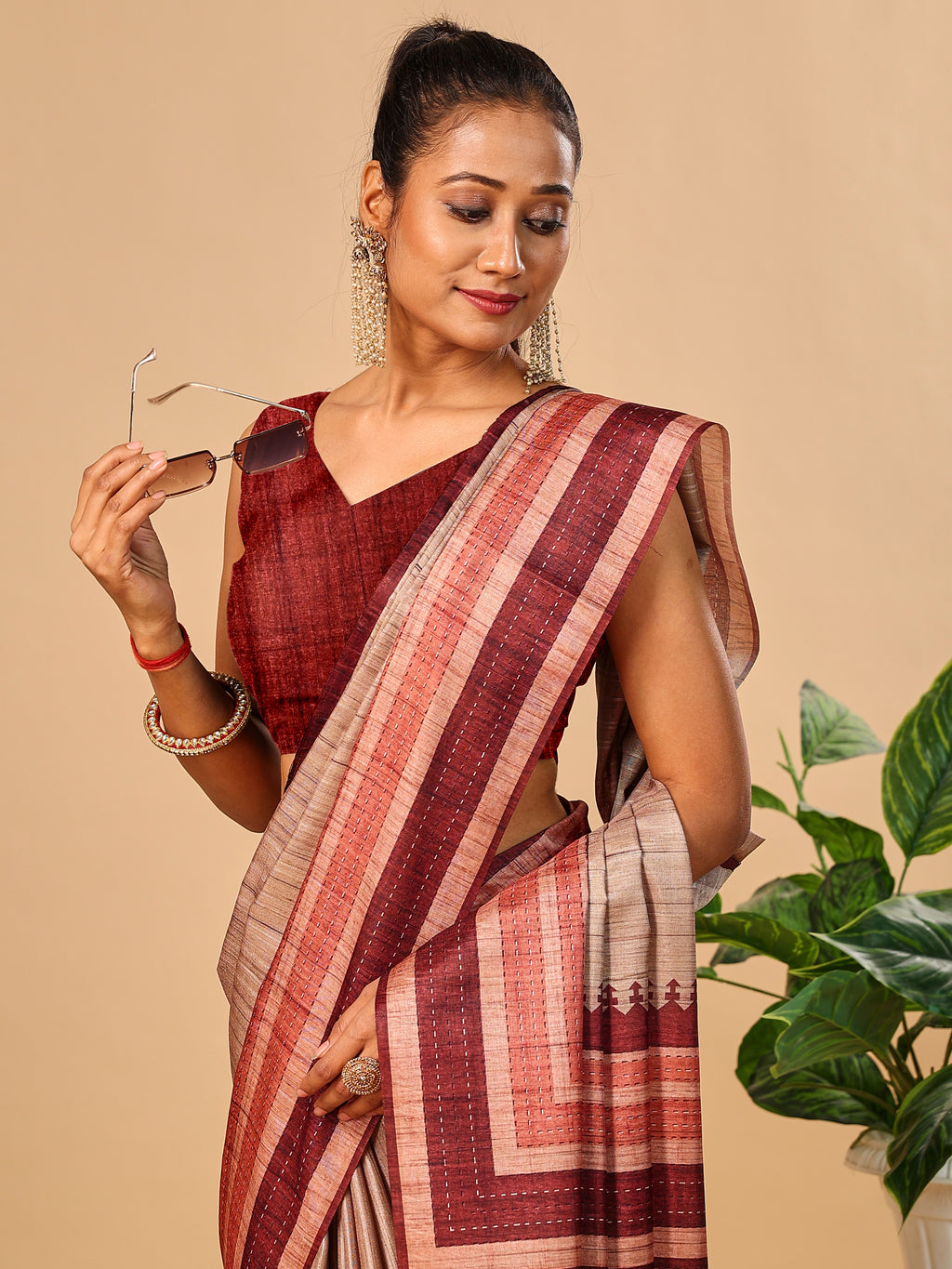 Maroon Soft Tussar Silk Saree with Kantha Prints