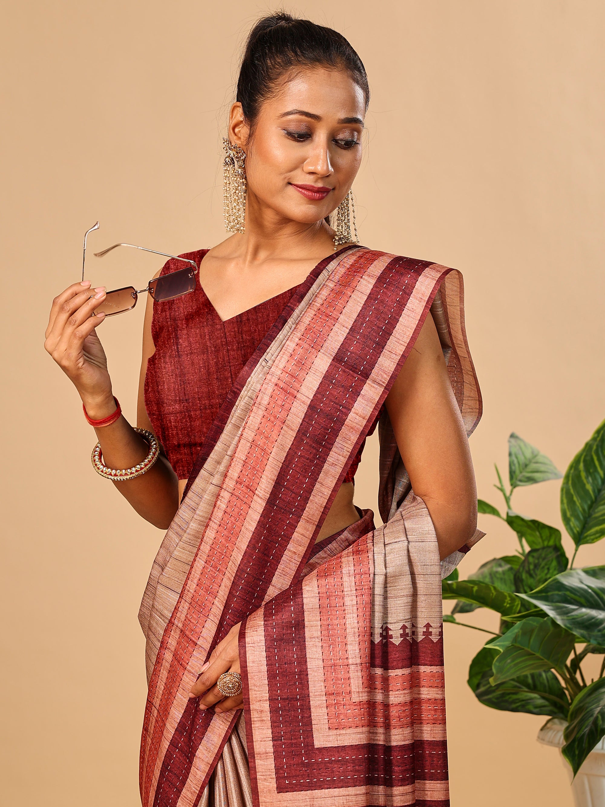 Maroon Soft Tussar Silk Saree with Kantha Prints