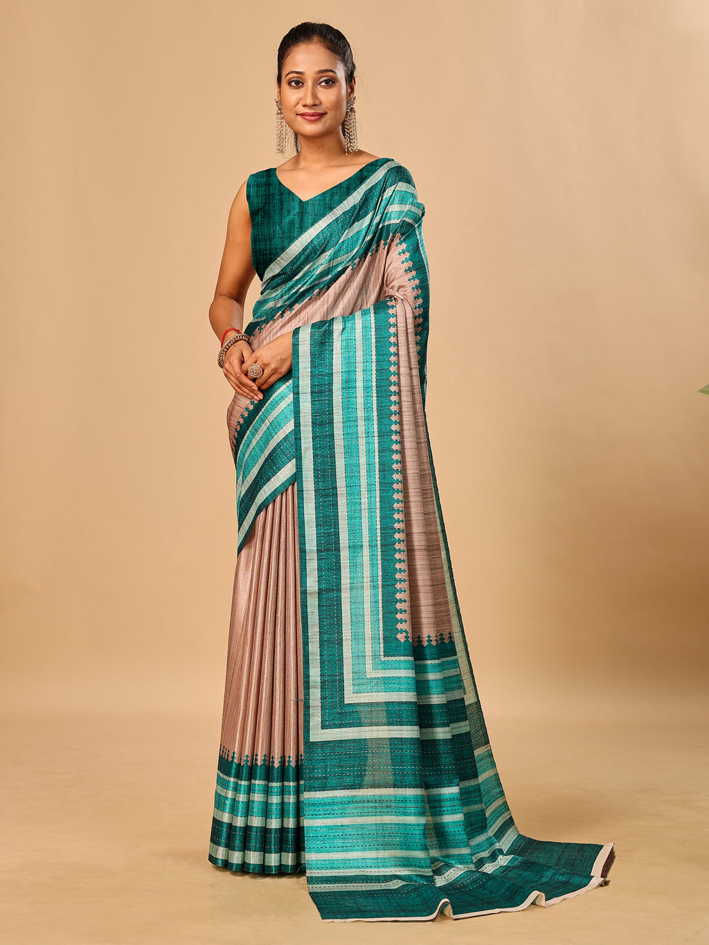 Teal Blue Soft Tussar Silk Saree with Kantha Prints