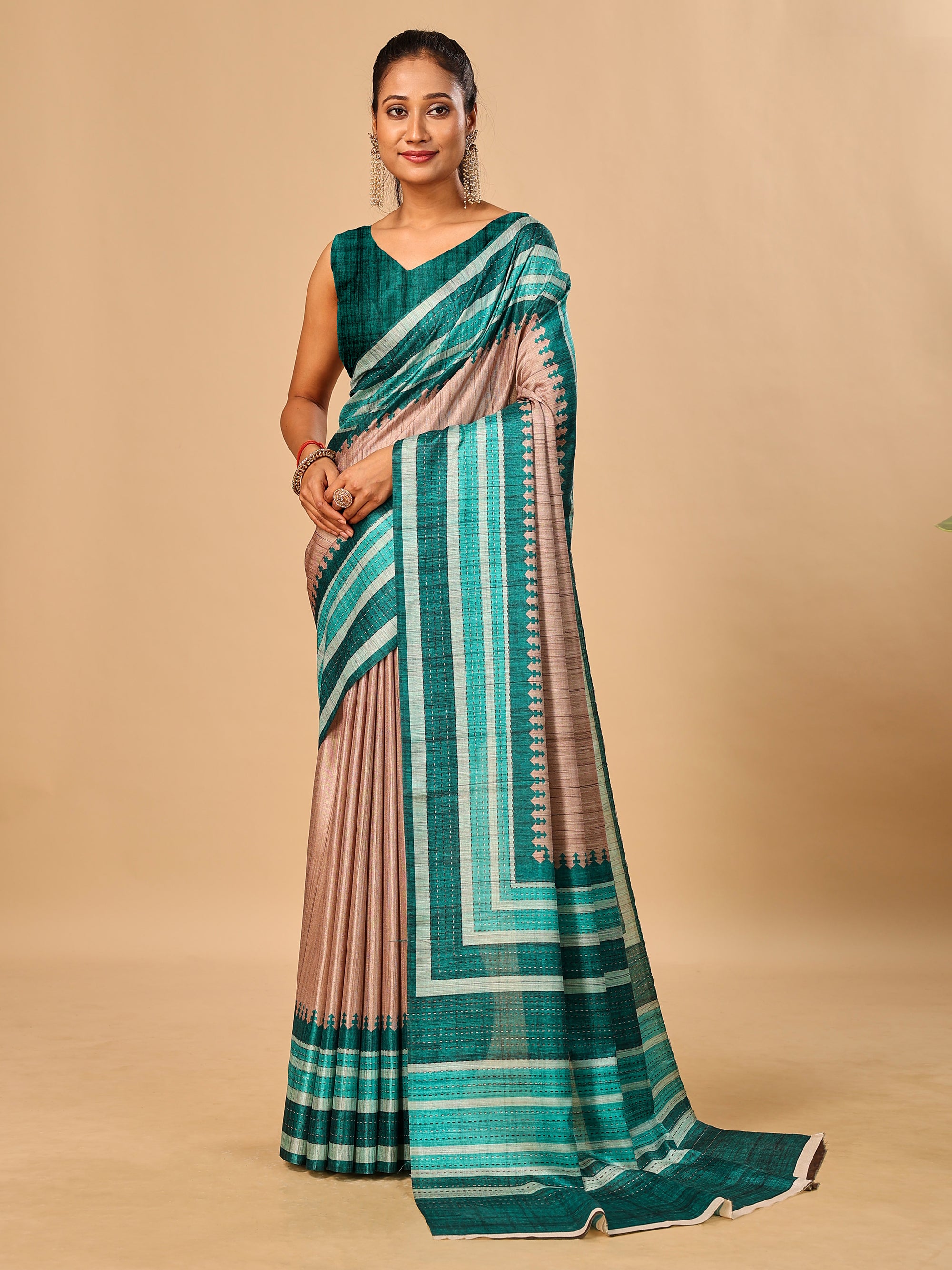 Teal Blue Soft Tussar Silk Saree with Kantha Prints