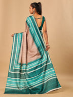 Teal Blue Soft Tussar Silk Saree with Kantha Prints