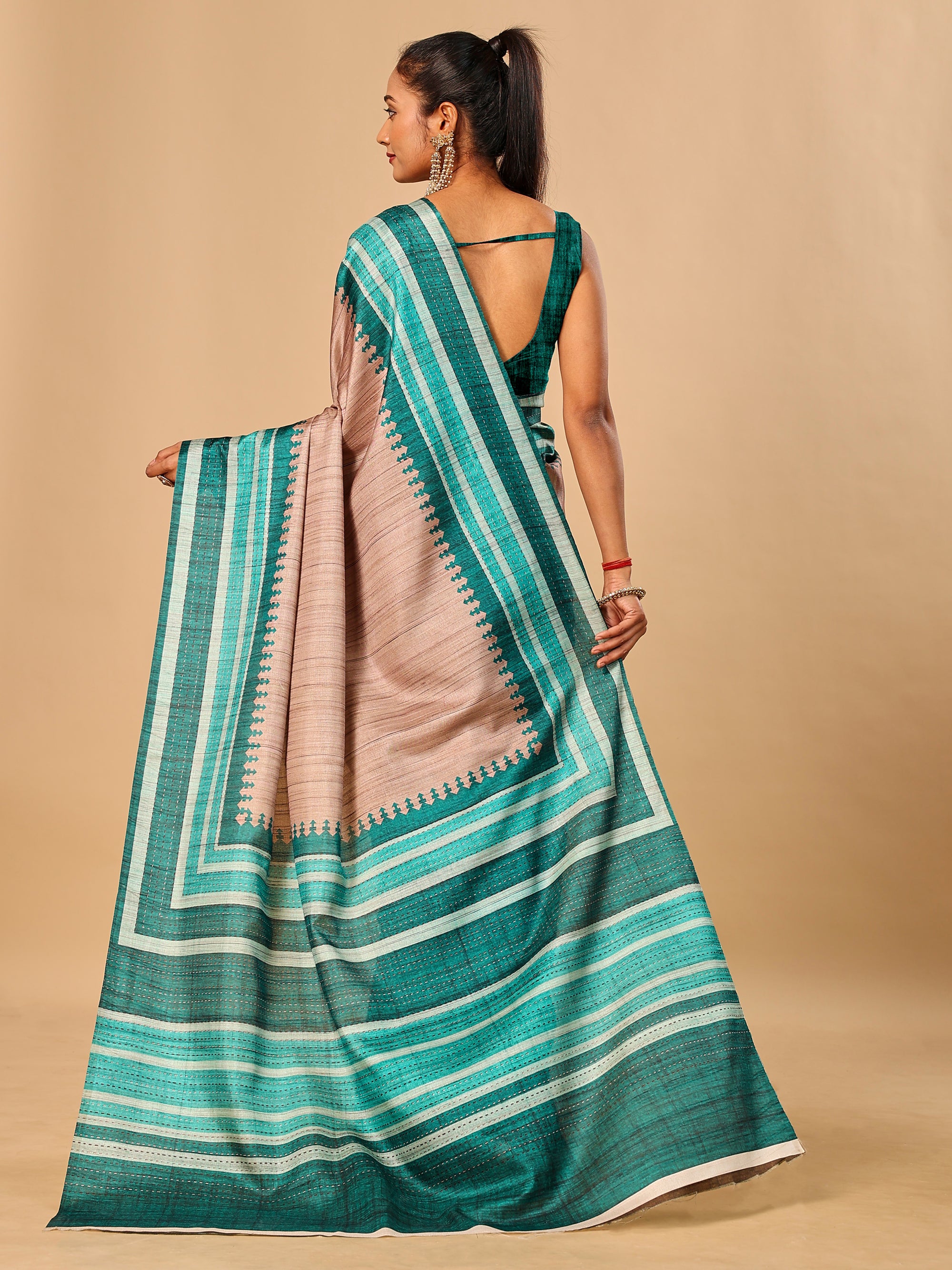 Teal Blue Soft Tussar Silk Saree with Kantha Prints