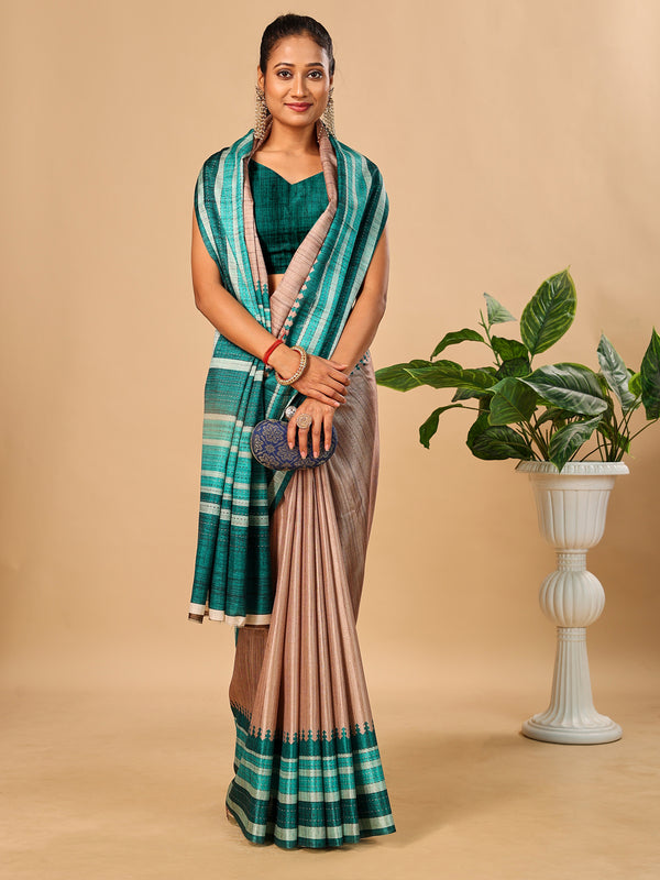 Teal Blue Soft Tussar Silk Saree with Kantha Prints