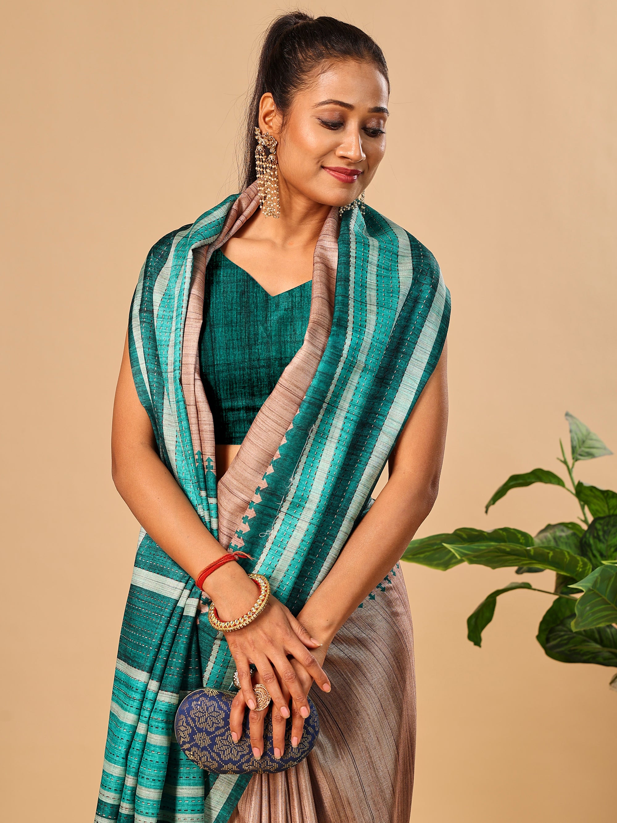 Teal Blue Soft Tussar Silk Saree with Kantha Prints