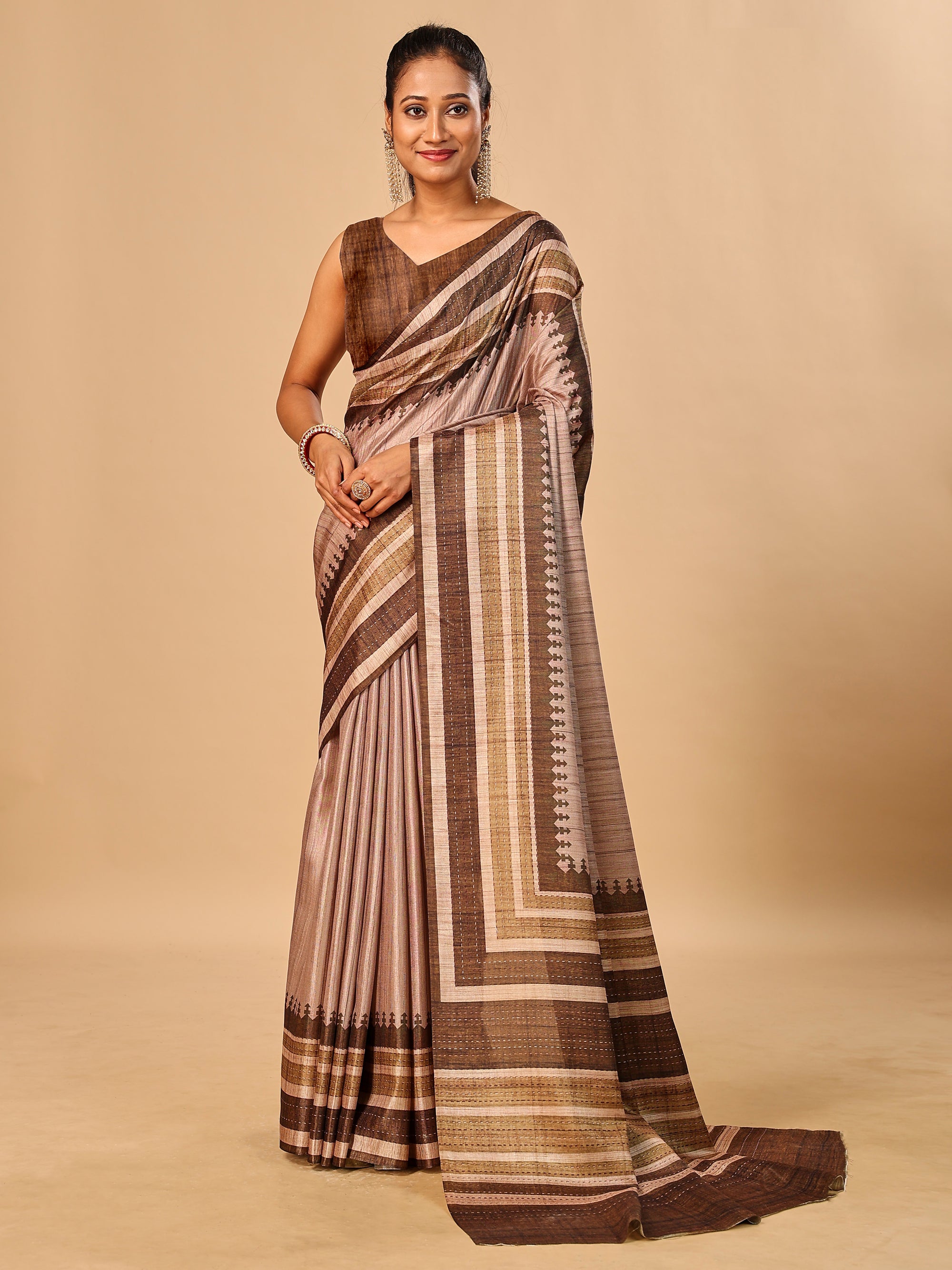Brown Soft Tussar Silk Saree with Kantha Prints