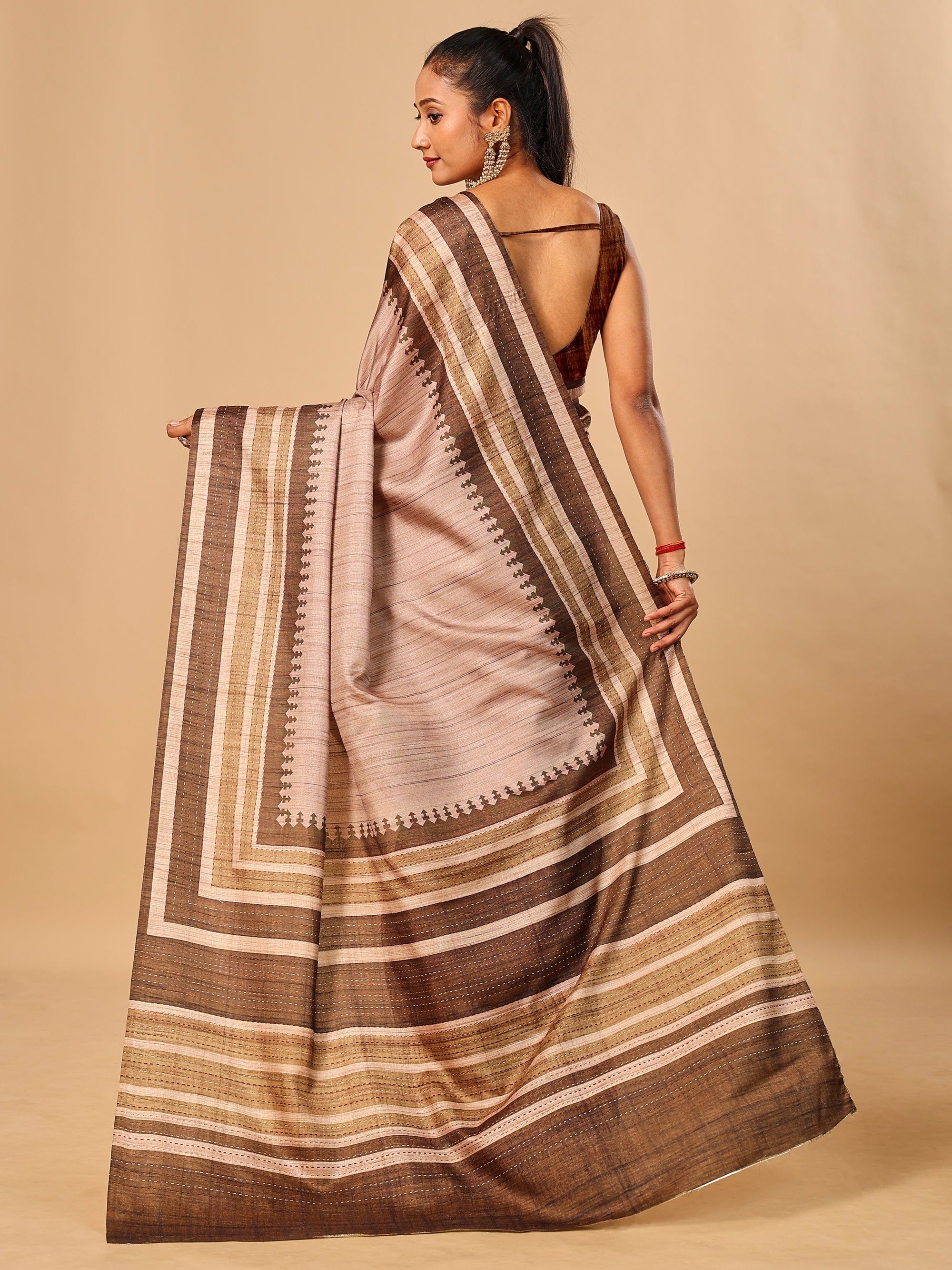 Brown Soft Tussar Silk Saree with Kantha Prints