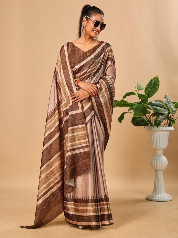 Brown Soft Tussar Silk Saree with Kantha Prints
