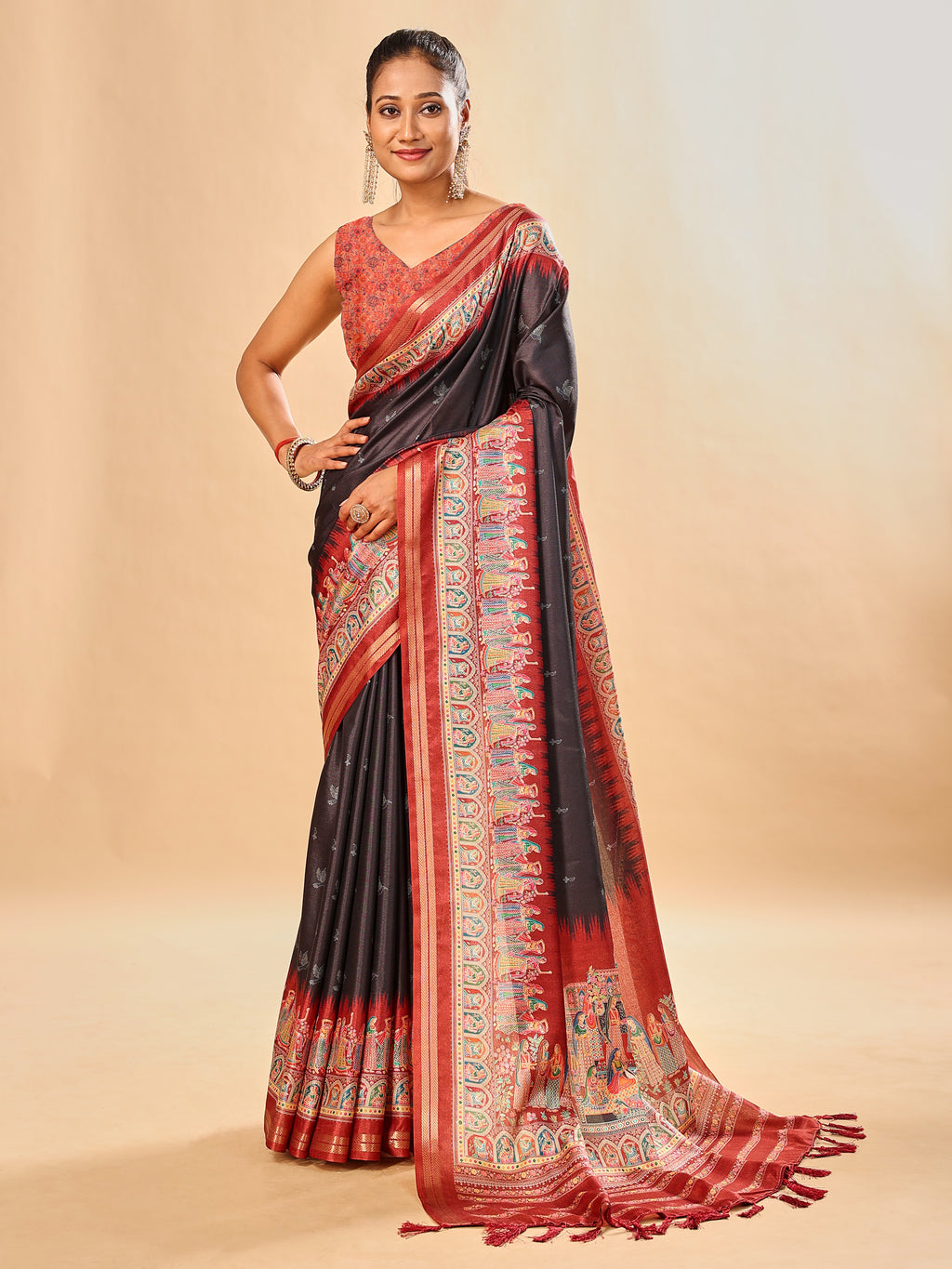 Black Soft Tussar Silk Saree with Darbari Pashmina Prints