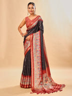 Black Soft Tussar Silk Saree with Darbari Pashmina Prints
