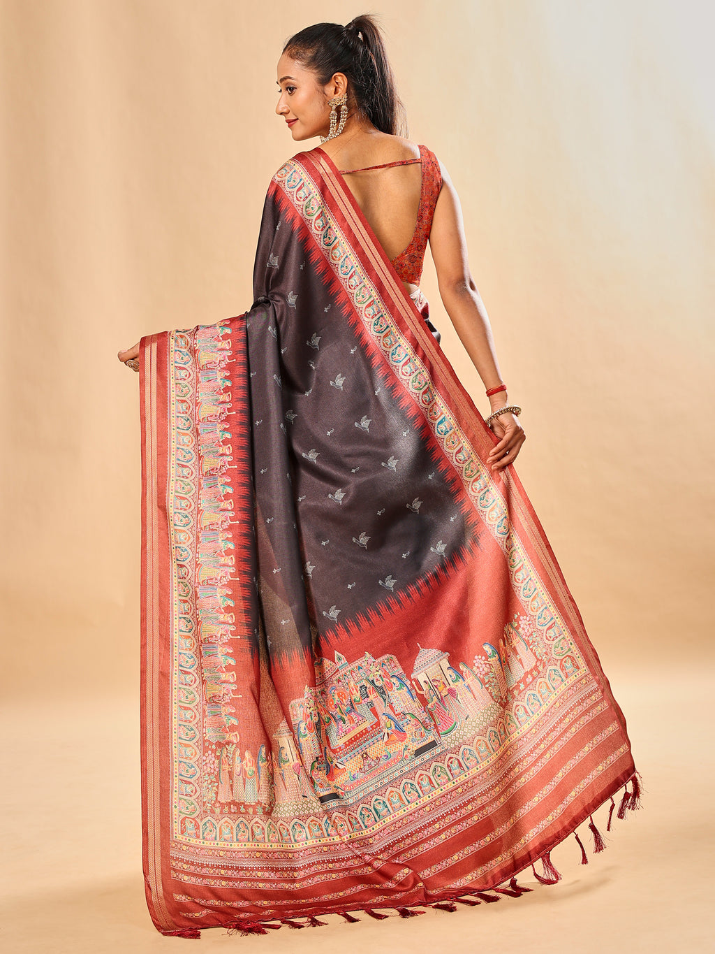 Black Soft Tussar Silk Saree with Darbari Pashmina Prints