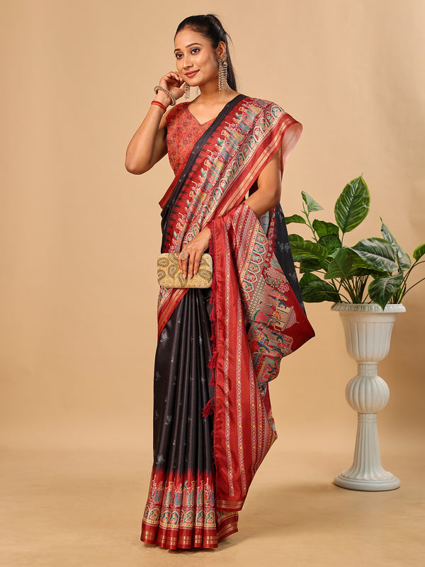 Black Soft Tussar Silk Saree with Darbari Pashmina Prints