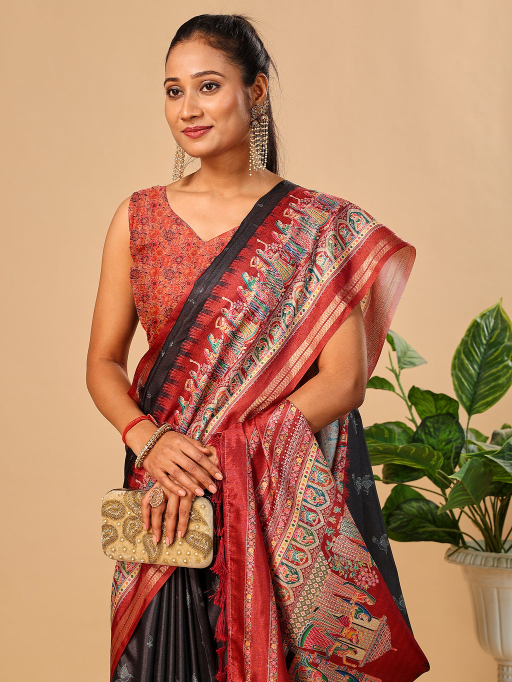 Black Soft Tussar Silk Saree with Darbari Pashmina Prints