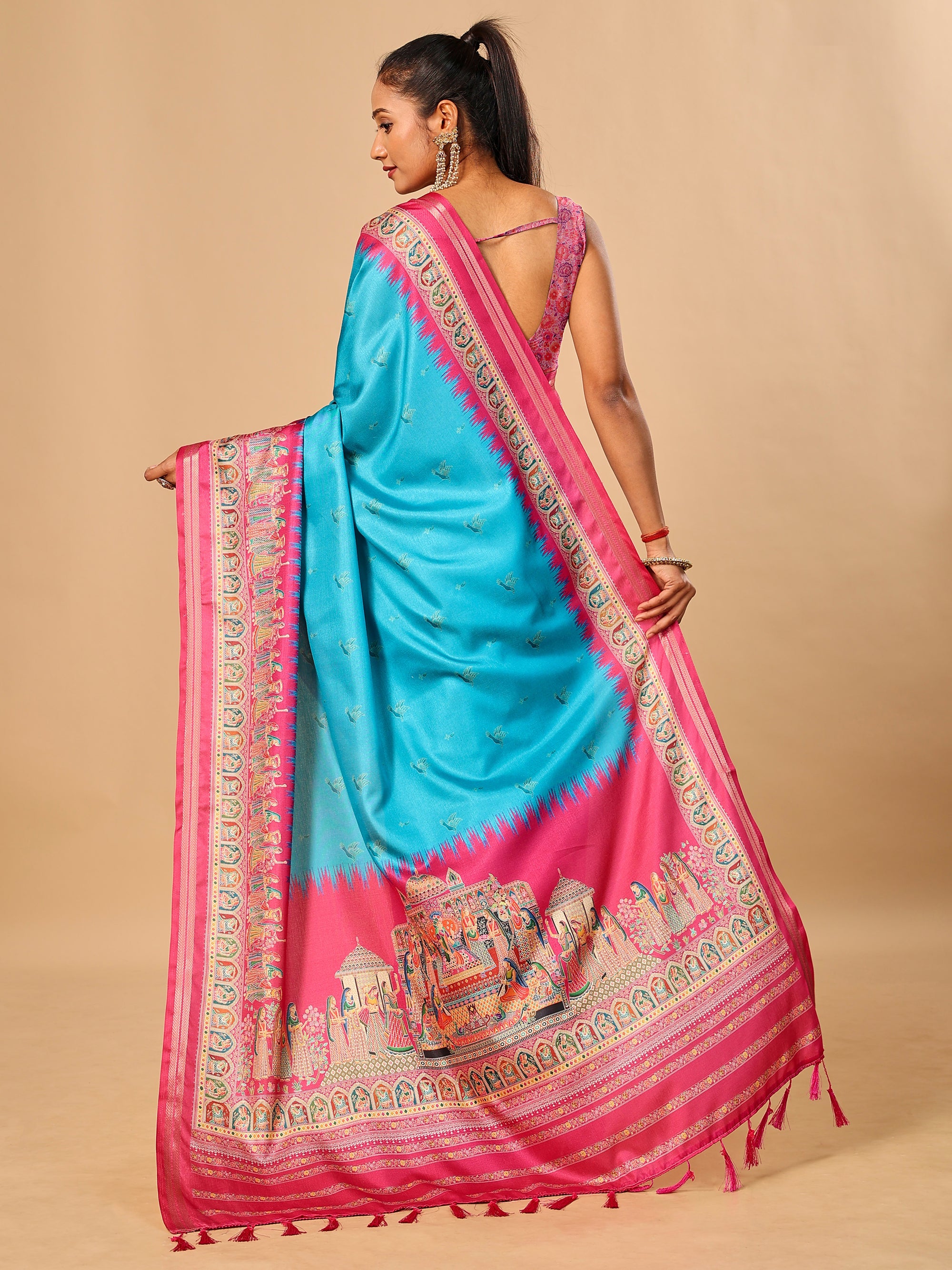 Blue Soft Tussar Silk Saree with Darbari Pashmina Prints