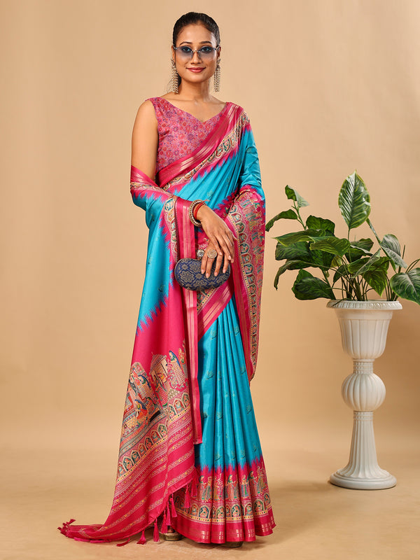 Blue Soft Tussar Silk Saree with Darbari Pashmina Prints