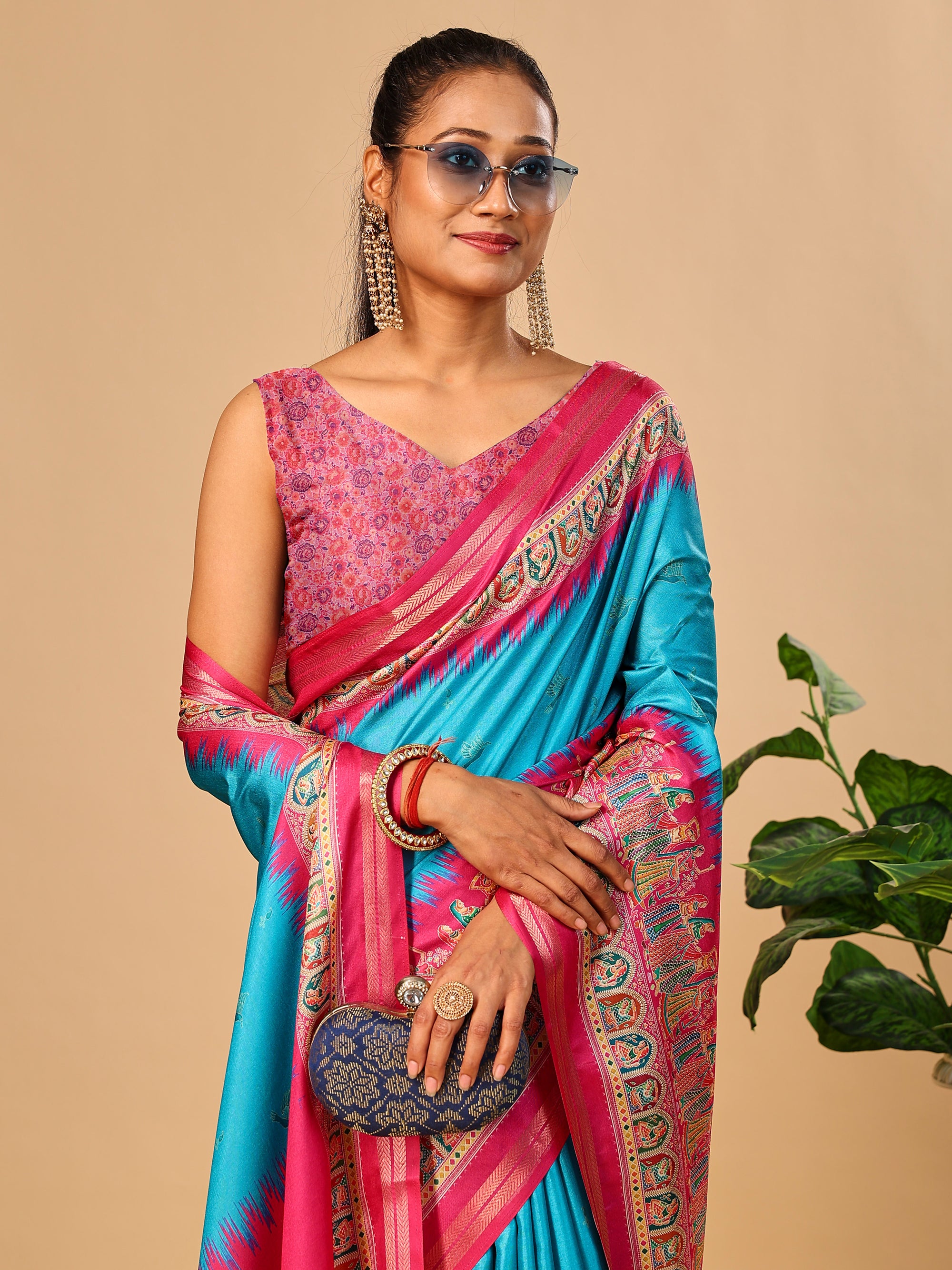 Blue Soft Tussar Silk Saree with Darbari Pashmina Prints