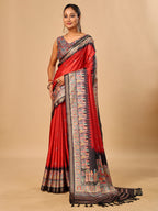 Red Soft Tussar Silk Saree with Darbari Pashmina Prints