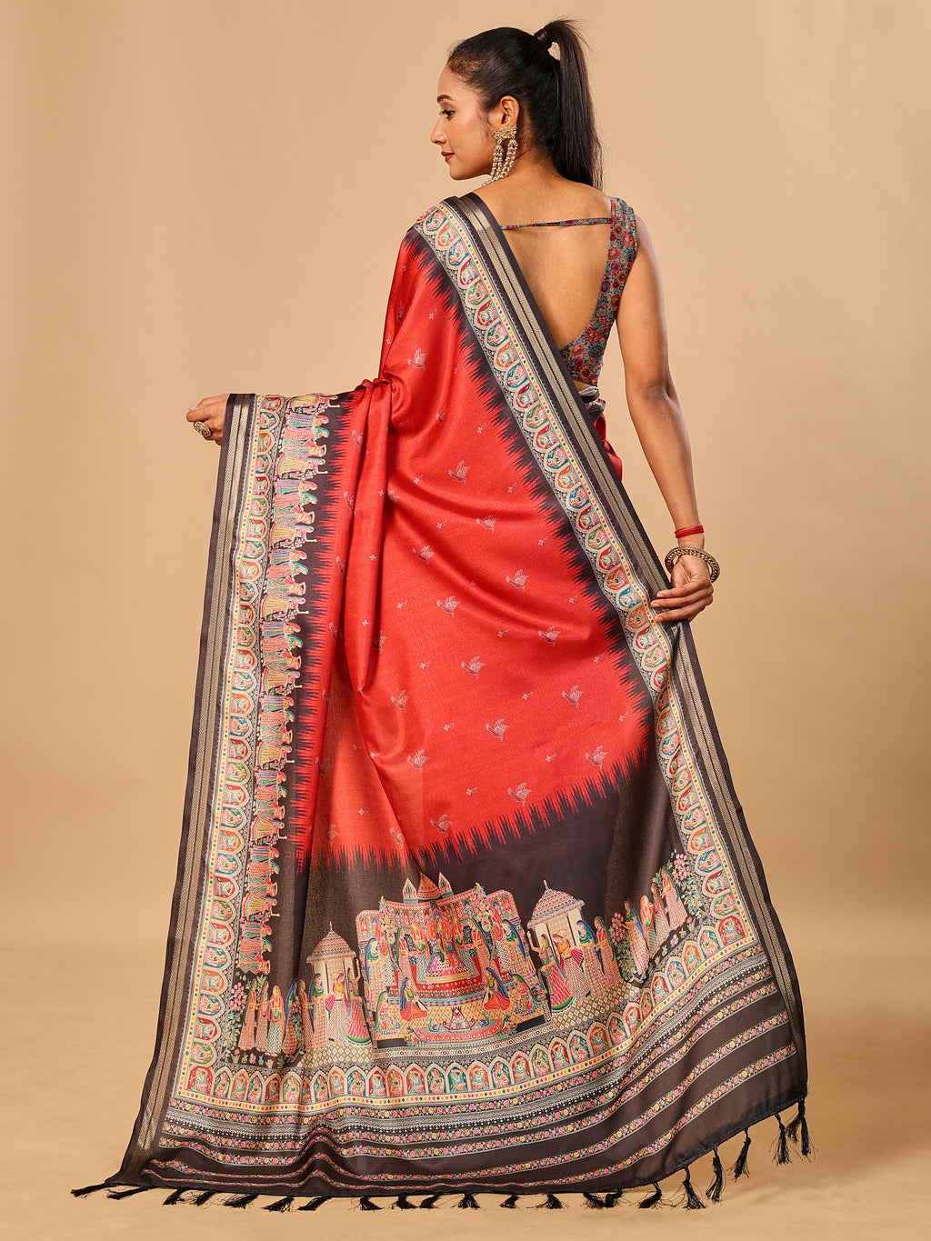 Red Soft Tussar Silk Saree with Darbari Pashmina Prints