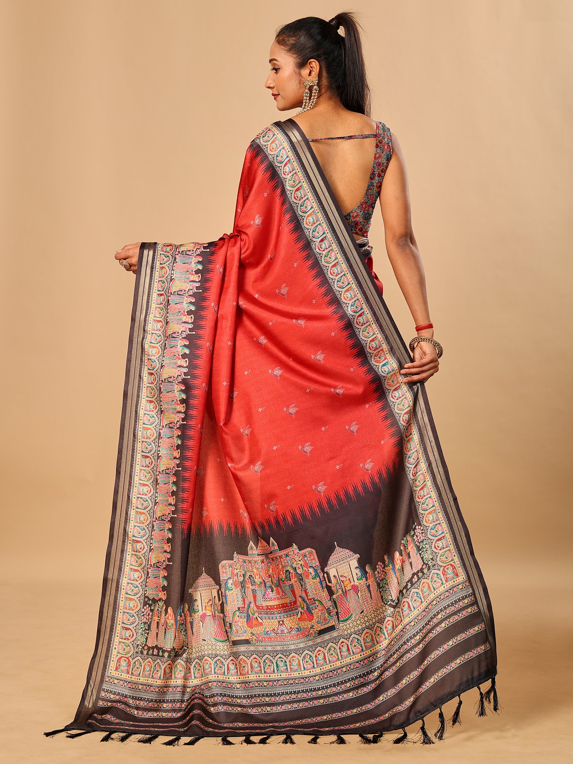 Red Soft Tussar Silk Saree with Darbari Pashmina Prints