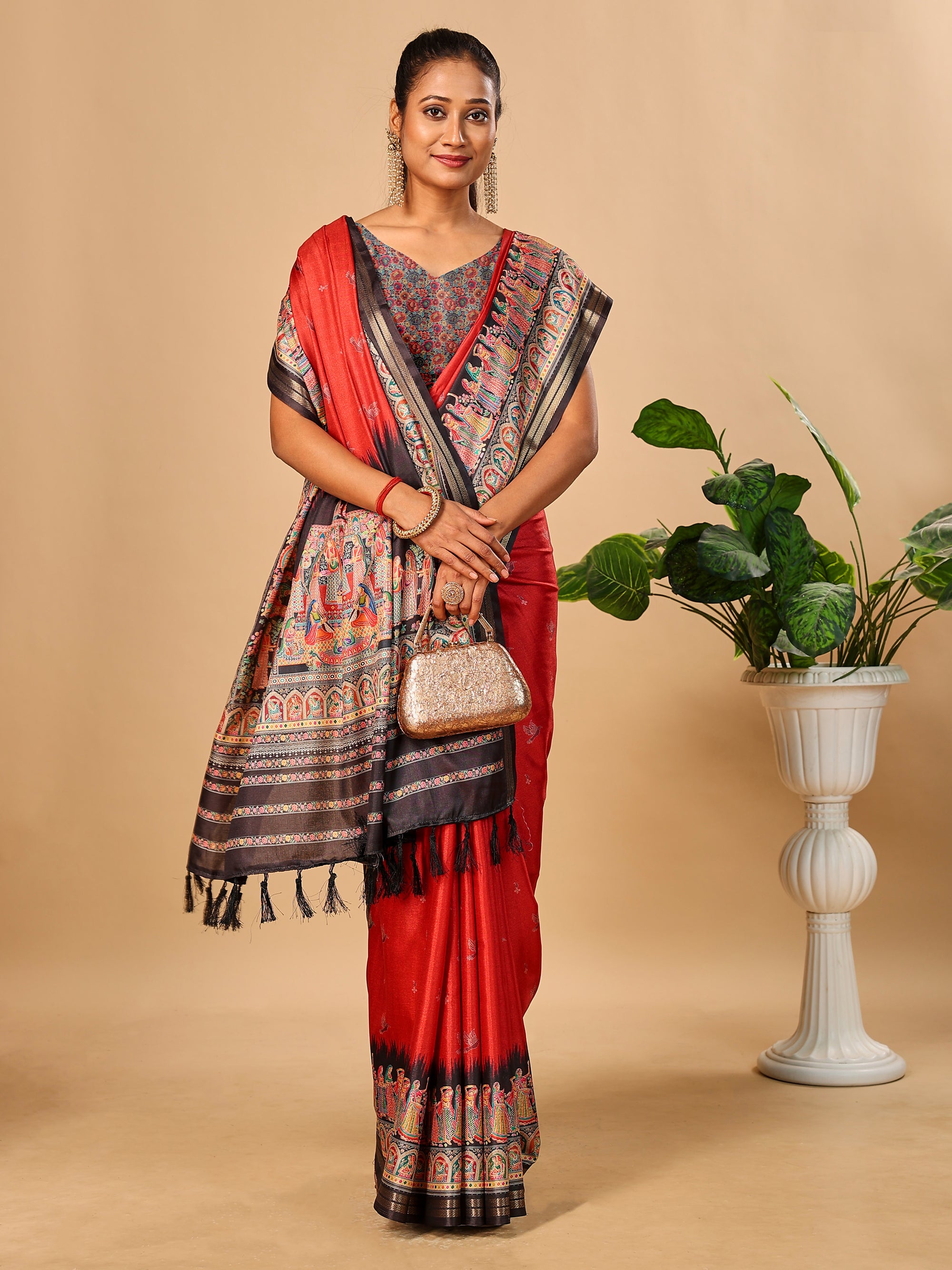 Red Soft Tussar Silk Saree with Darbari Pashmina Prints