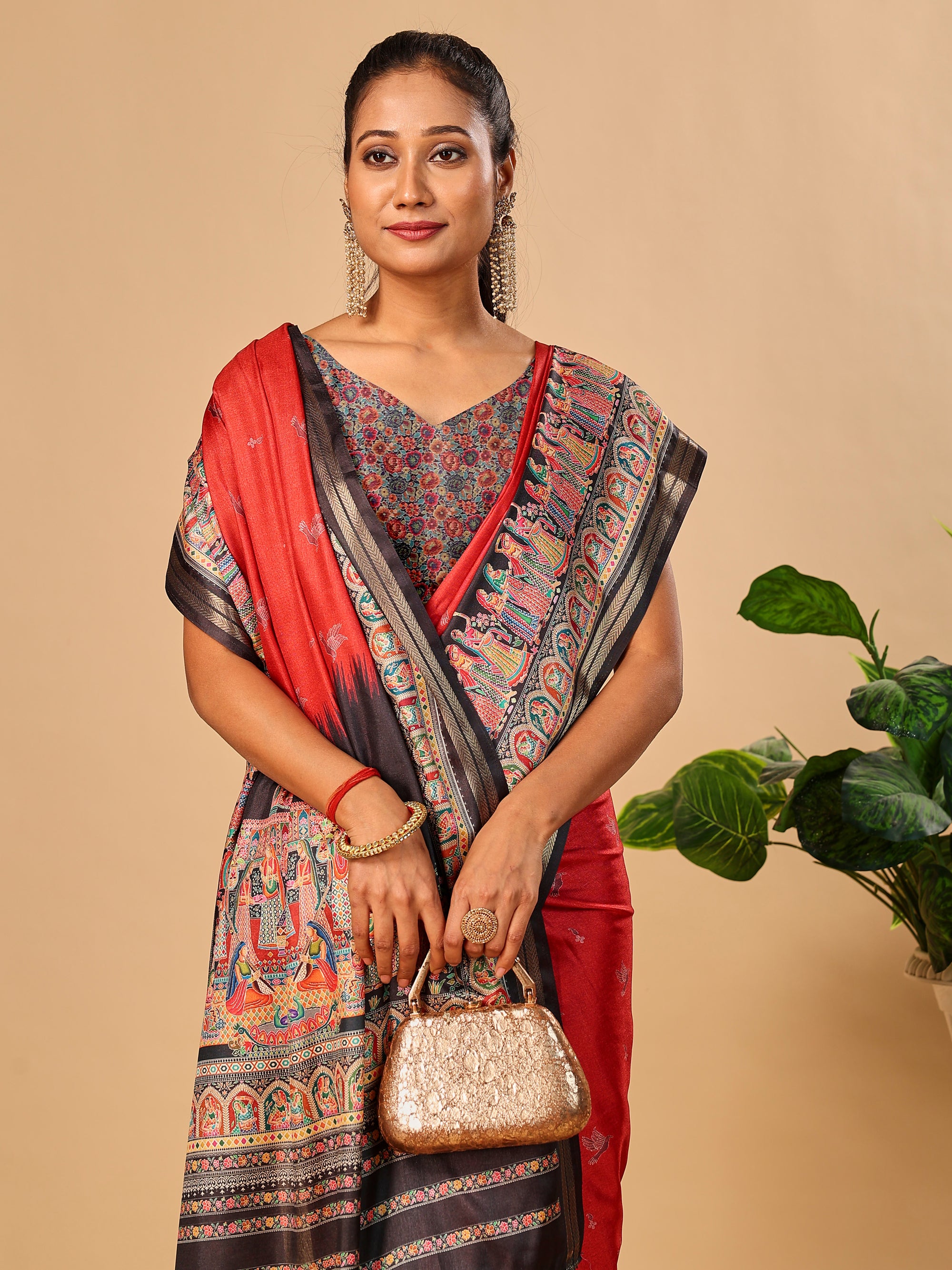 Red Soft Tussar Silk Saree with Darbari Pashmina Prints