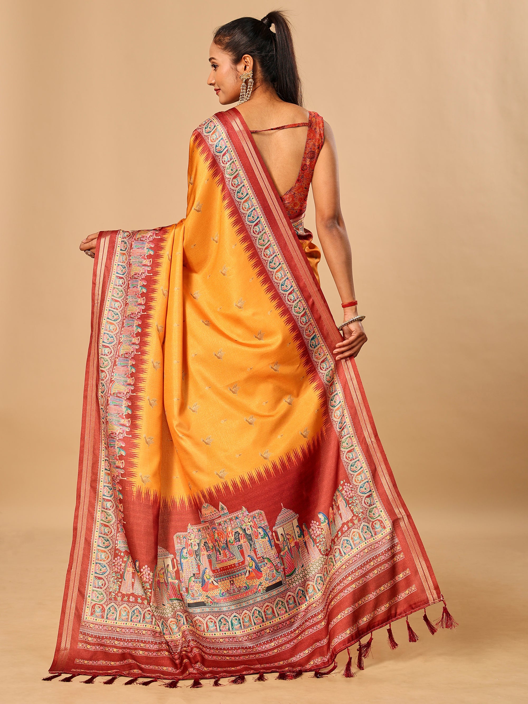 Yellow Soft Tussar Silk Saree with Darbari Pashmina Prints