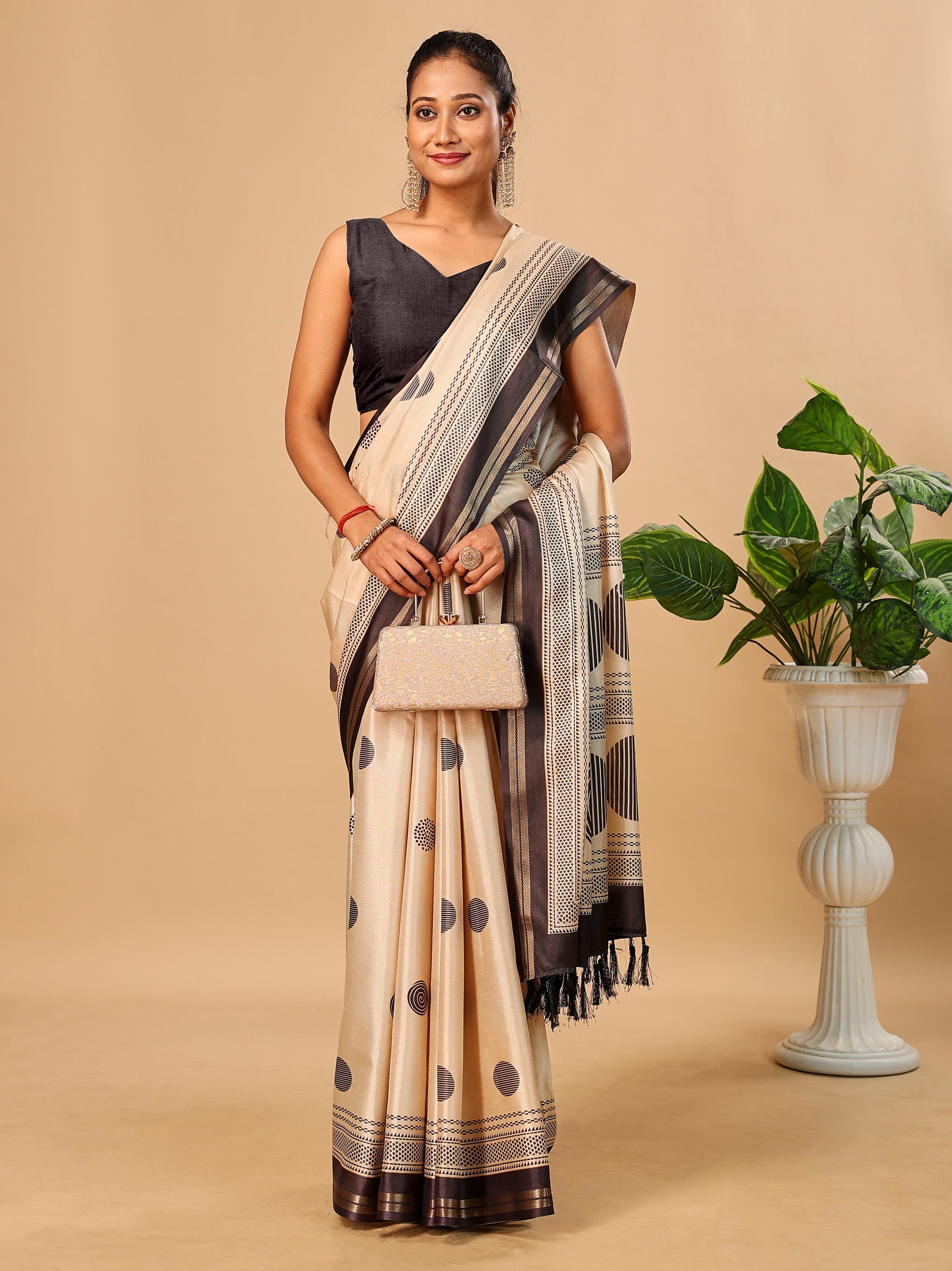 Tavira Tussar Silk Saree – Cream Black Digital Print