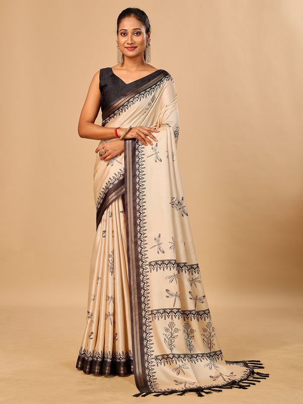 Tavira Tussar Silk Saree – Cream Artistic Digital Print