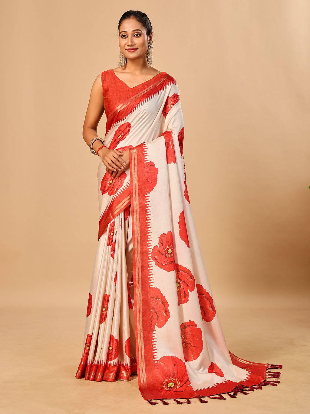 Tavira Tussar Silk Saree – Ivory Red Floral Digital Print