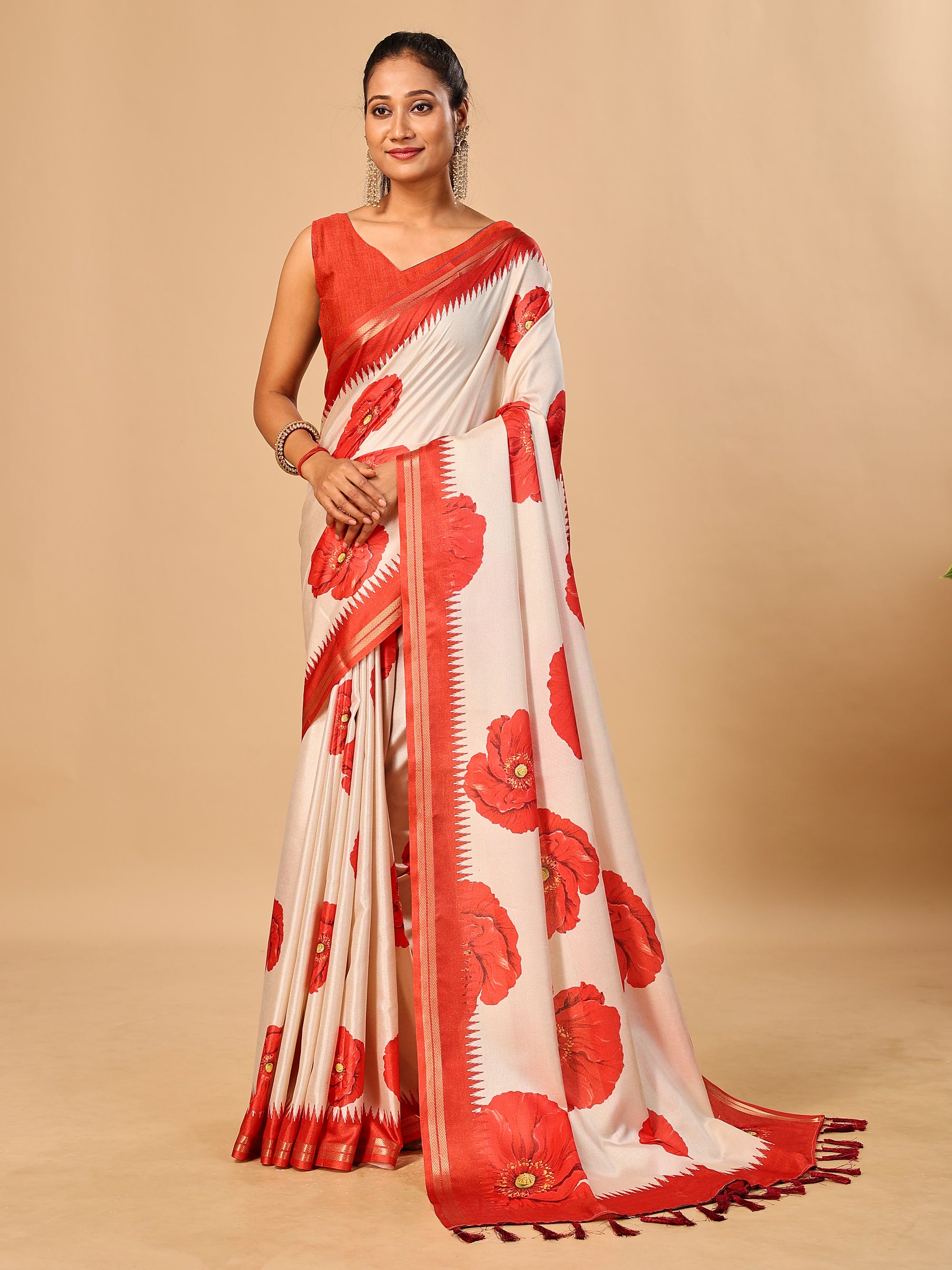 Tavira Tussar Silk Saree – Ivory Red Floral Digital Print