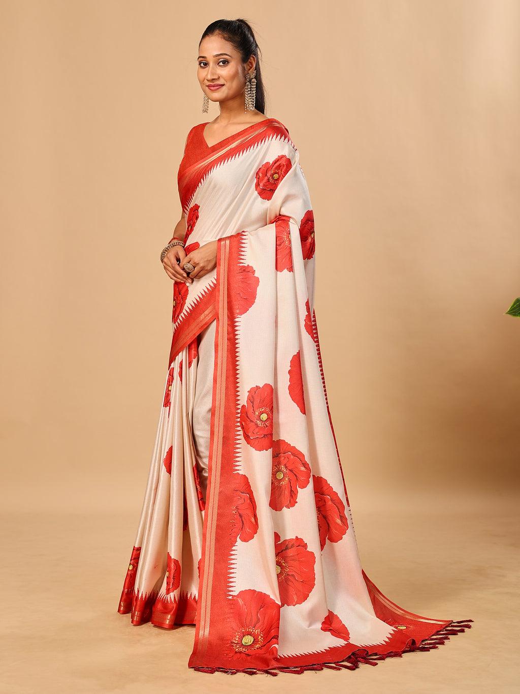 Tavira Tussar Silk Saree – Ivory Red Floral Digital Print