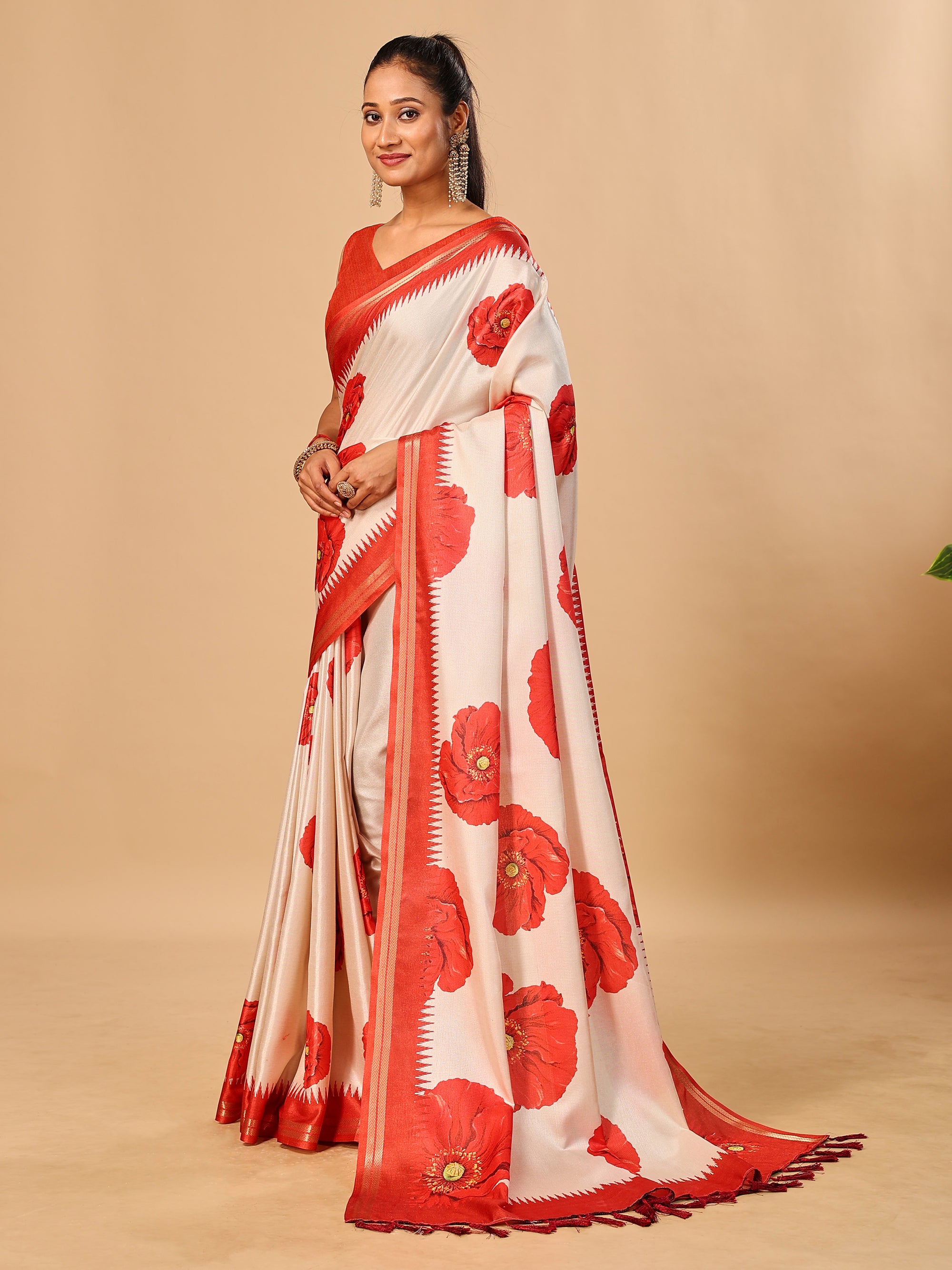 Tavira Tussar Silk Saree – Ivory Red Floral Digital Print