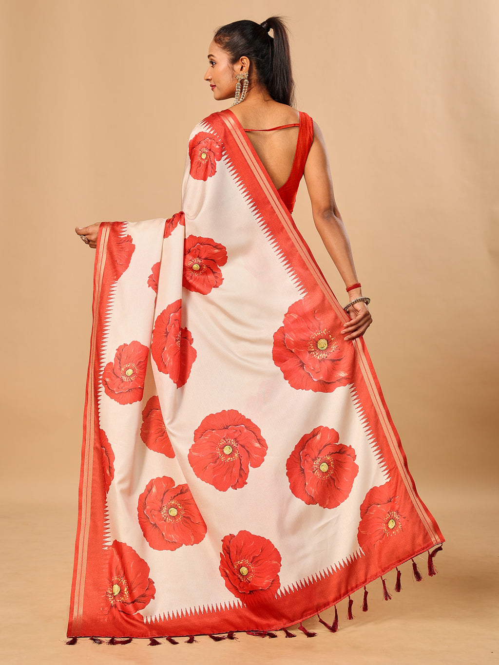 Tavira Tussar Silk Saree – Ivory Red Floral Digital Print