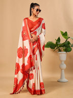 Tavira Tussar Silk Saree – Ivory Red Floral Digital Print