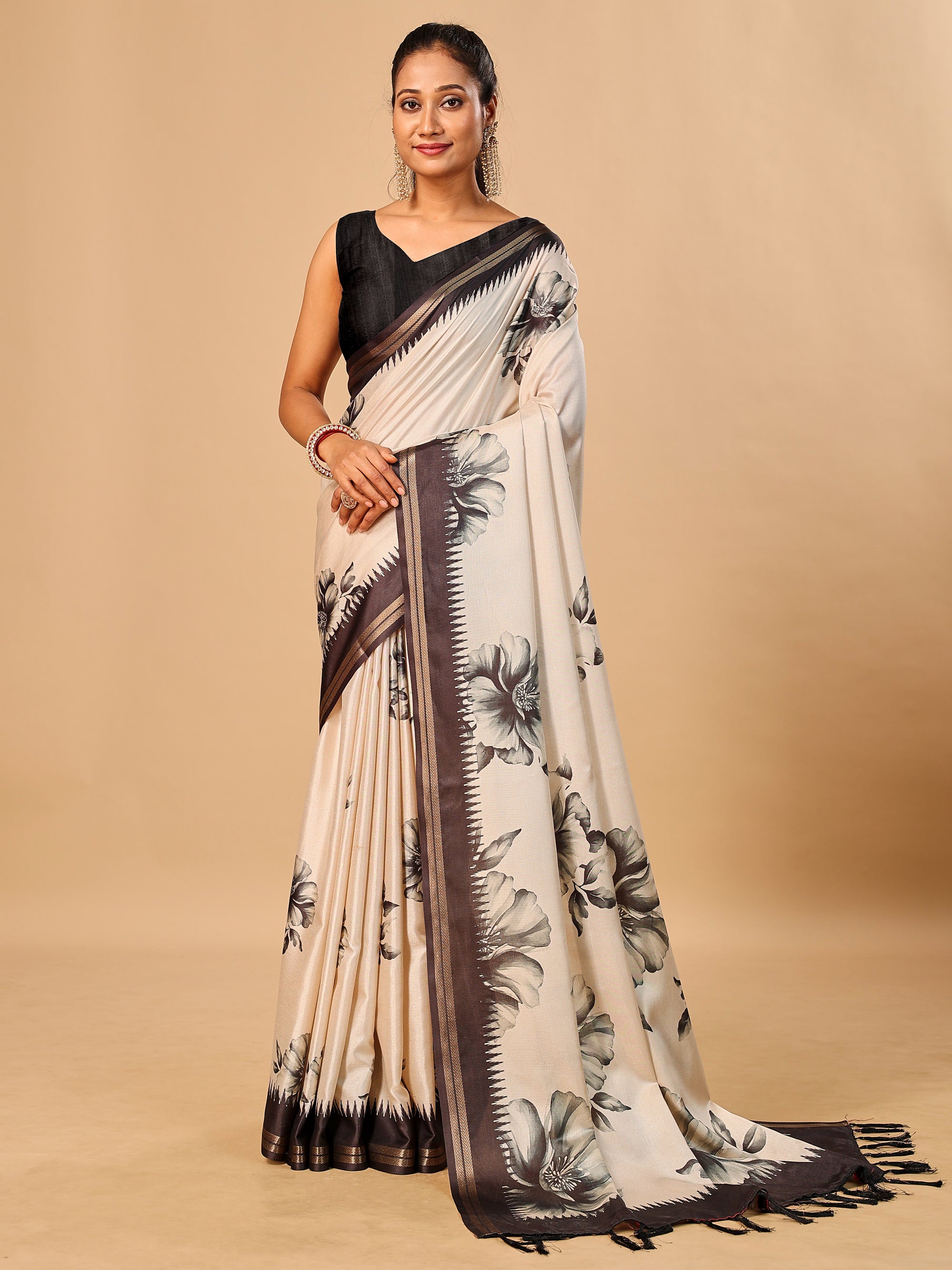 Tavira Tussar Silk Saree – Ivory Grey Floral Digital Print