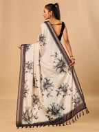 Tavira Tussar Silk Saree – Ivory Grey Floral Digital Print