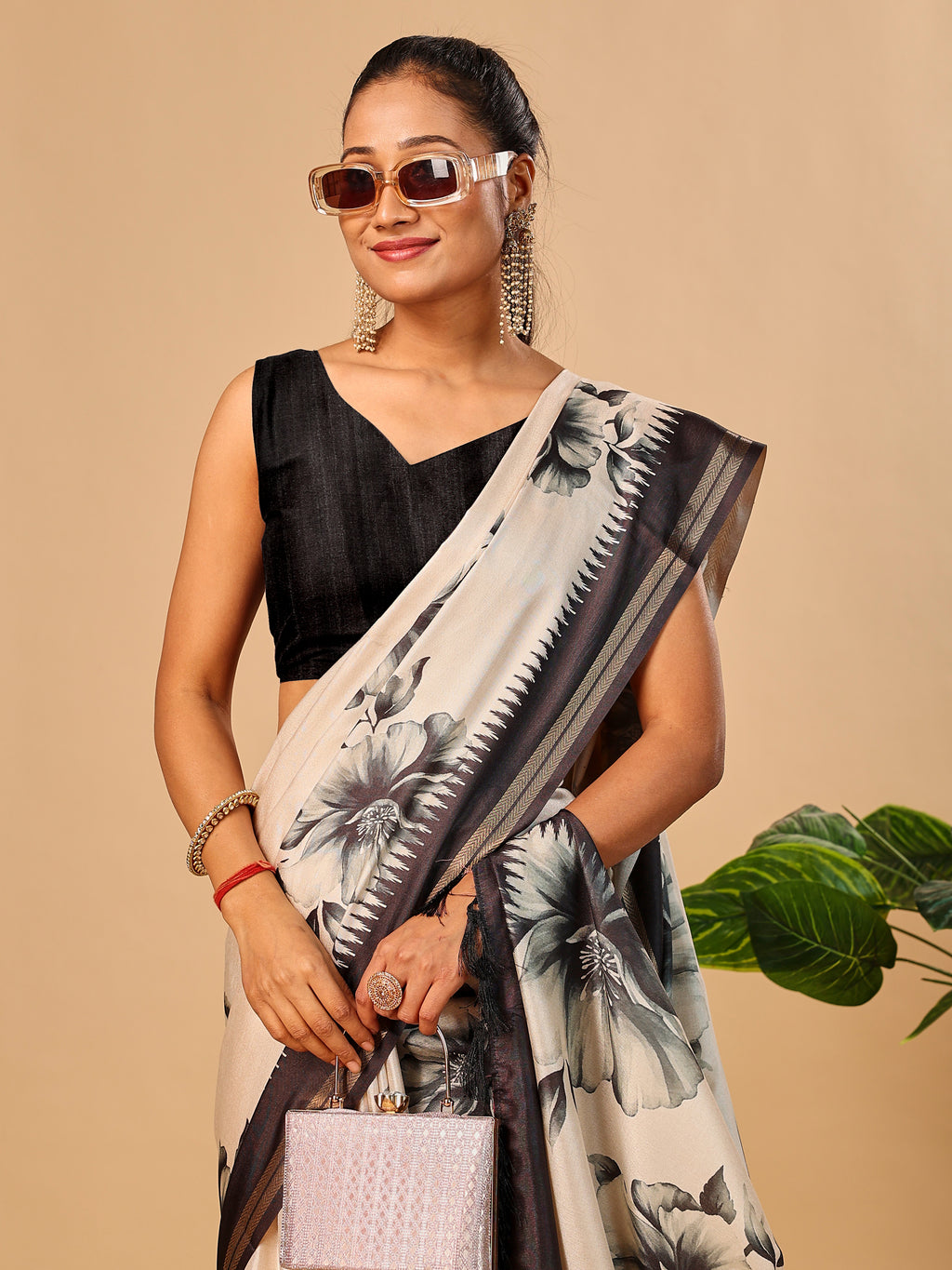 Tavira Tussar Silk Saree – Ivory Grey Floral Digital Print