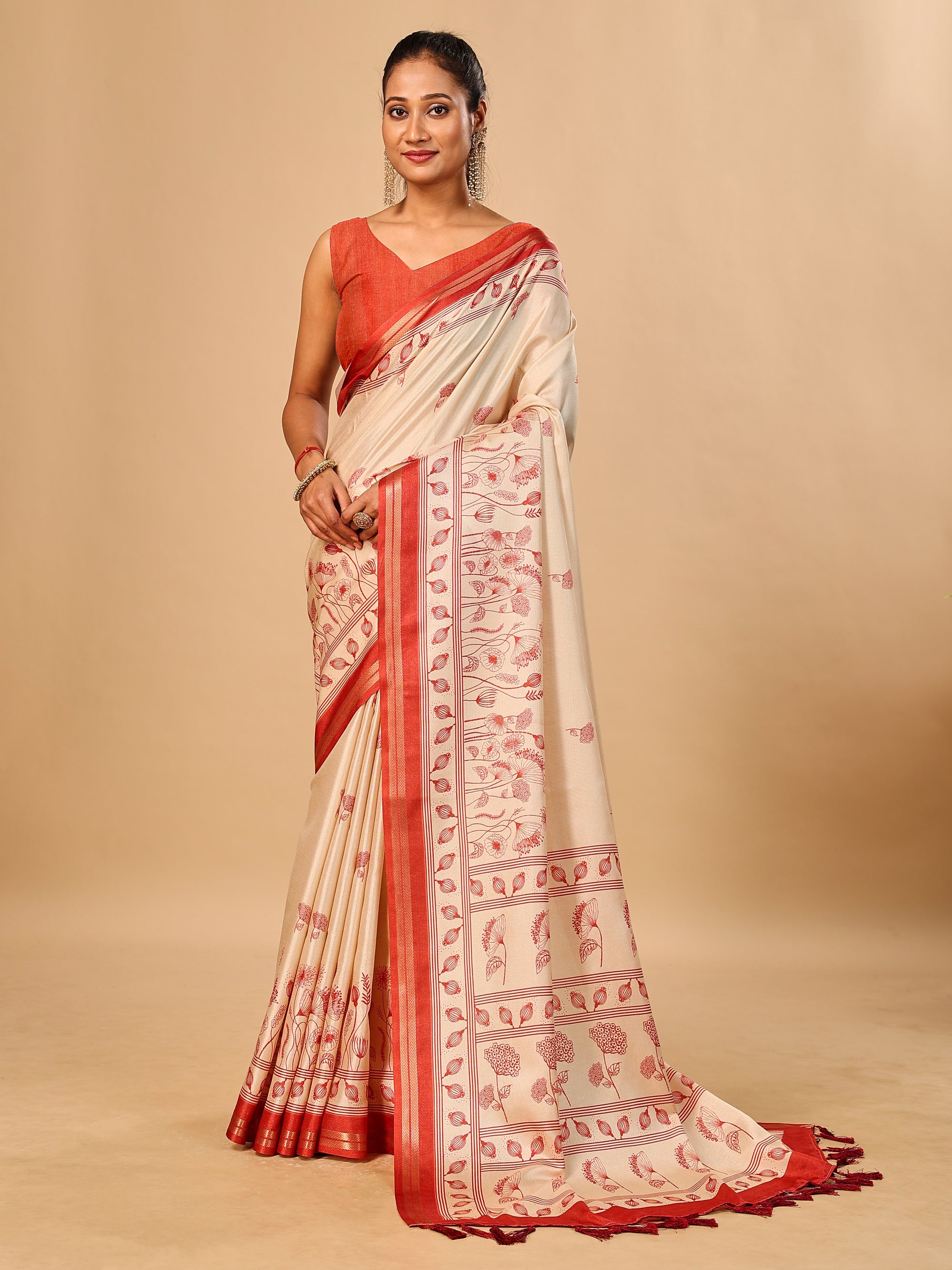 Tavira Tussar Silk Saree – Ivory Red Heritagee Digital Print