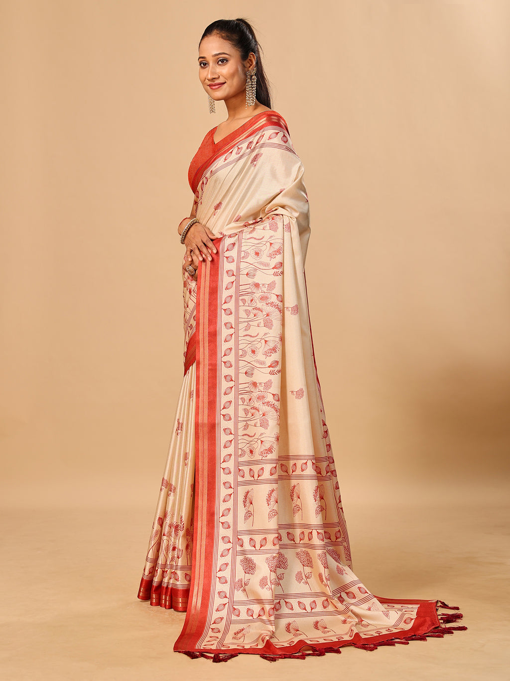 Tavira Tussar Silk Saree – Ivory Red Heritagee Digital Print