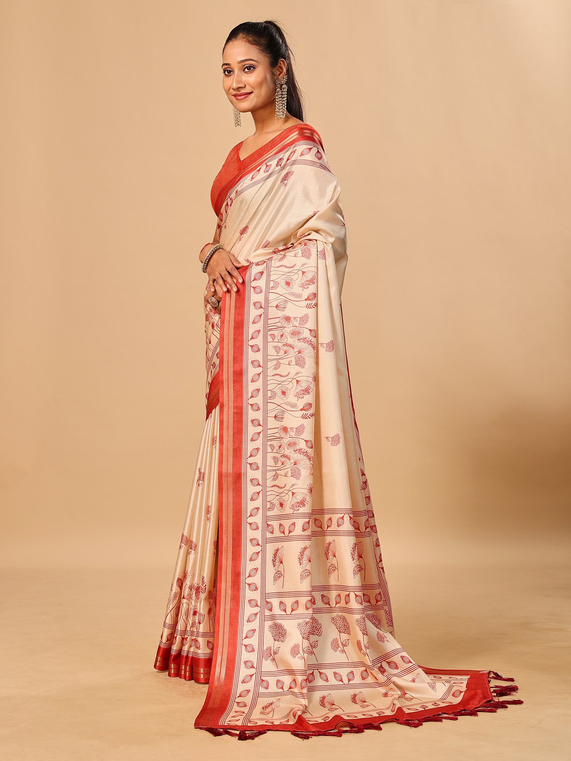 Tavira Tussar Silk Saree – Ivory Red Heritagee Digital Print