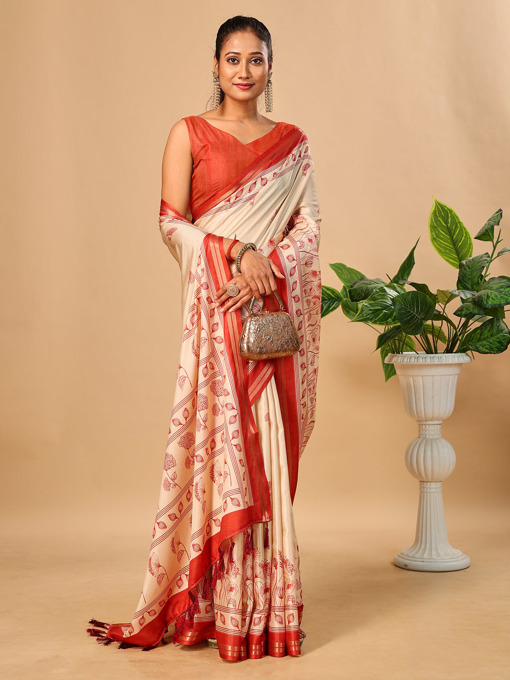 Tavira Tussar Silk Saree – Ivory Red Heritagee Digital Print