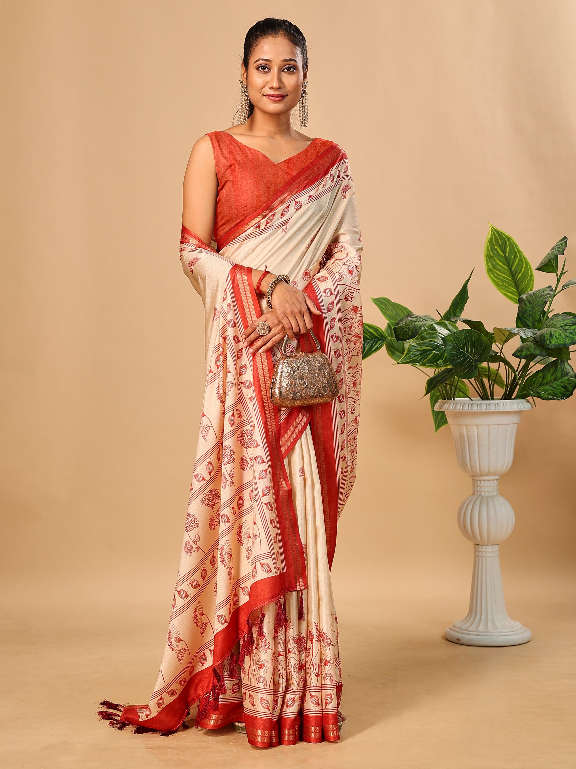 Tavira Tussar Silk Saree – Ivory Red Heritagee Digital Print
