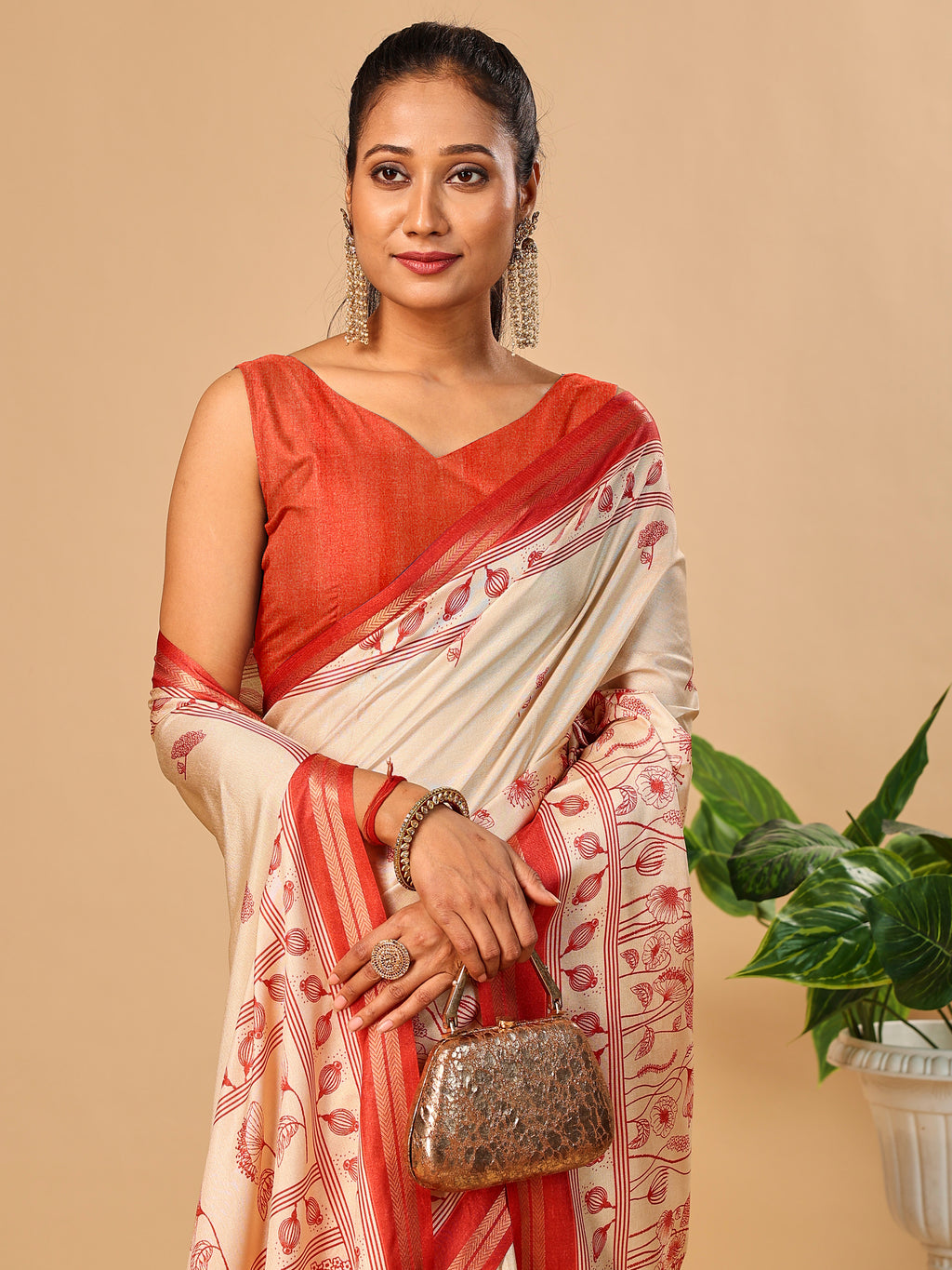 Tavira Tussar Silk Saree – Ivory Red Heritagee Digital Print