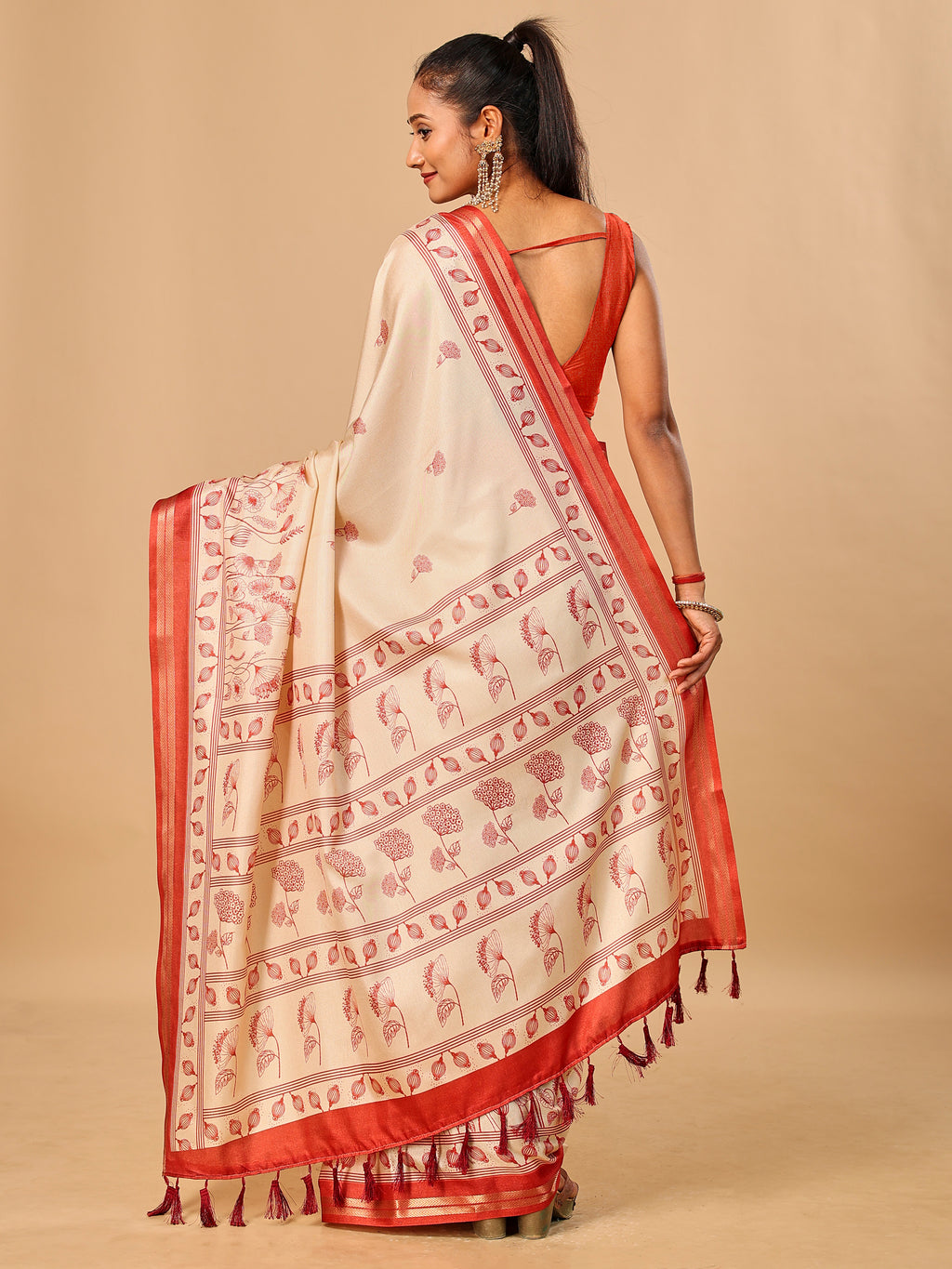 Tavira Tussar Silk Saree – Ivory Red Heritagee Digital Print